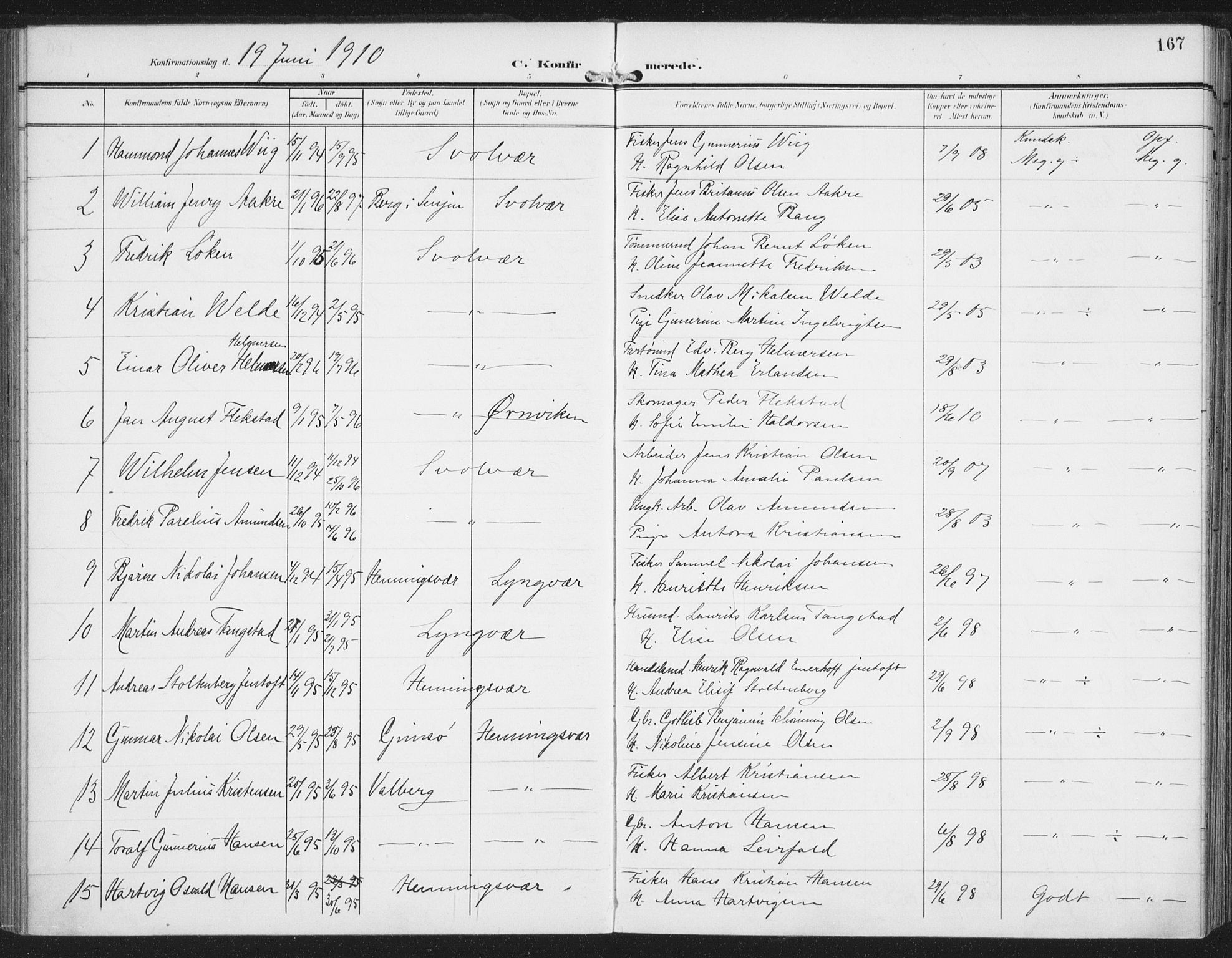 Ministerialprotokoller, klokkerbøker og fødselsregistre - Nordland, AV/SAT-A-1459/874/L1063: Parish register (official) no. 874A07, 1907-1915, p. 167