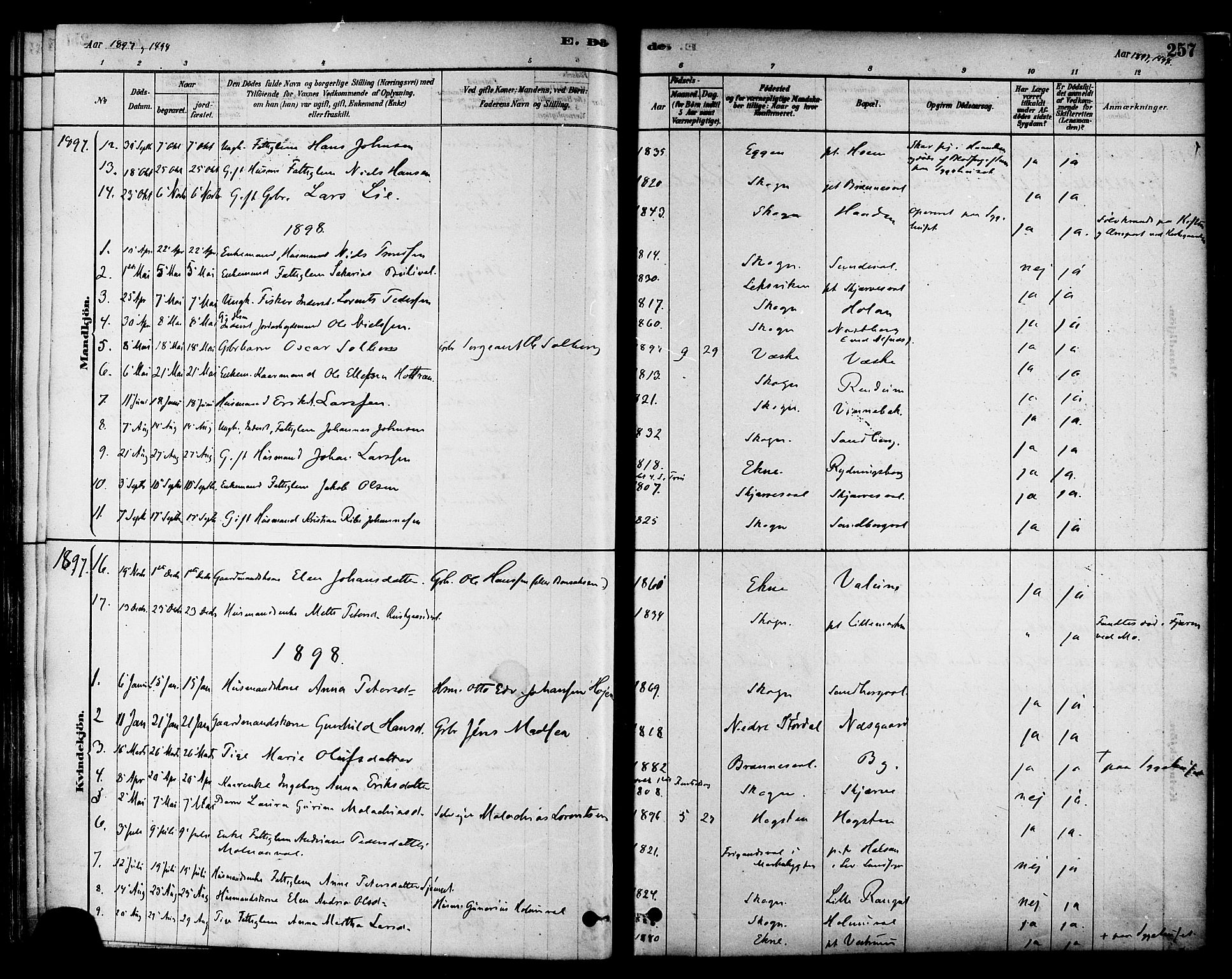 Ministerialprotokoller, klokkerbøker og fødselsregistre - Nord-Trøndelag, AV/SAT-A-1458/717/L0159: Parish register (official) no. 717A09, 1878-1898, p. 257