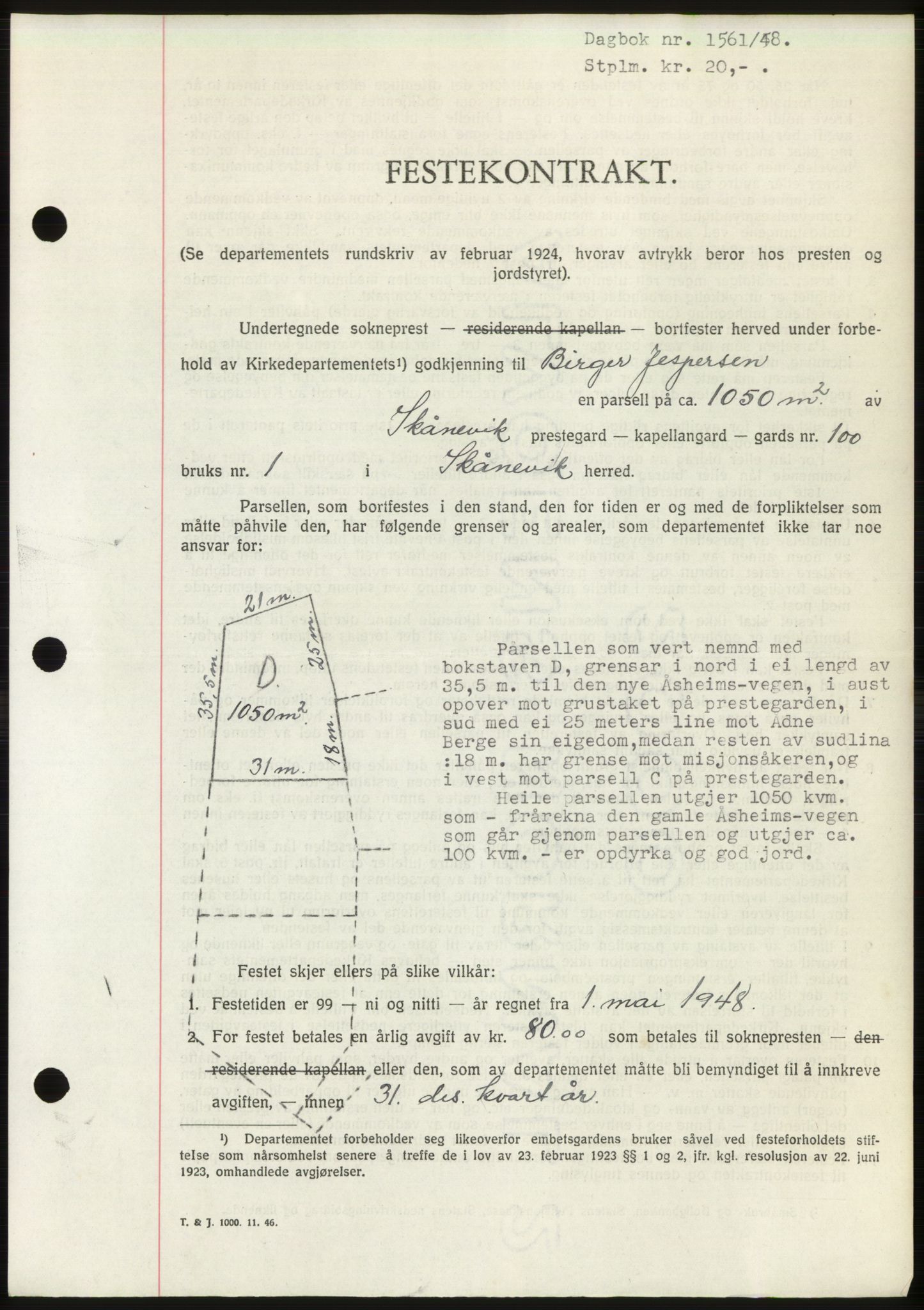 Sunnhordland sorenskrivar, AV/SAB-A-2401: Mortgage book no. B75-79, 1948-1950, Diary no: : 1561/1948