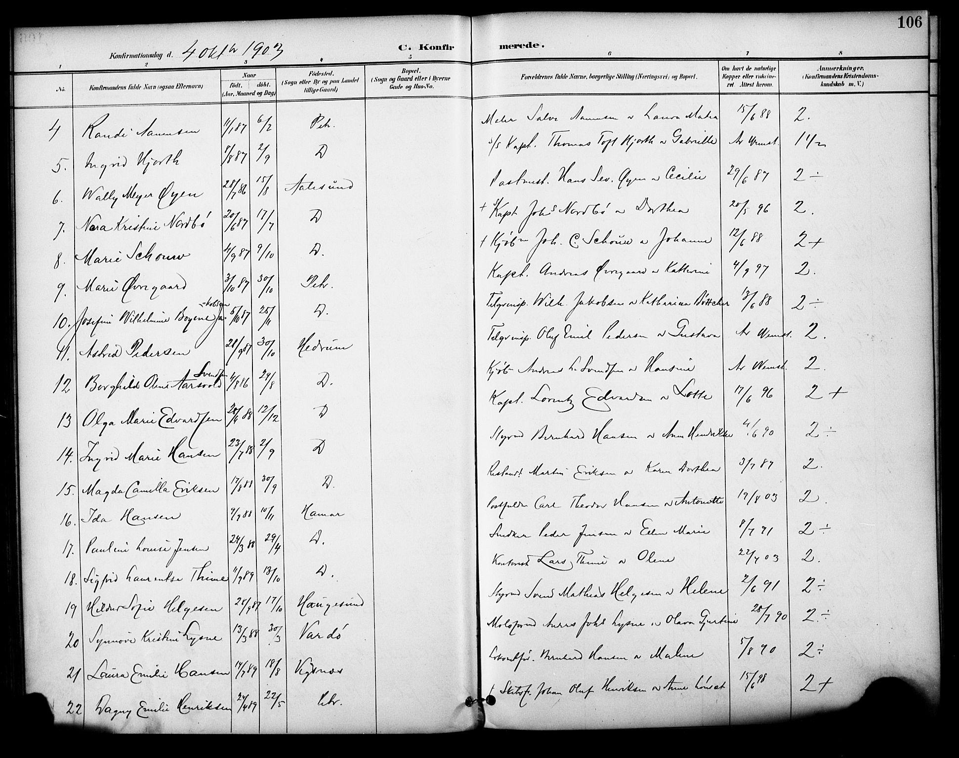 Domkirken sokneprestkontor, AV/SAST-A-101812/001/30/30BA/L0031: Parish register (official) no. A 30, 1896-1916, p. 106