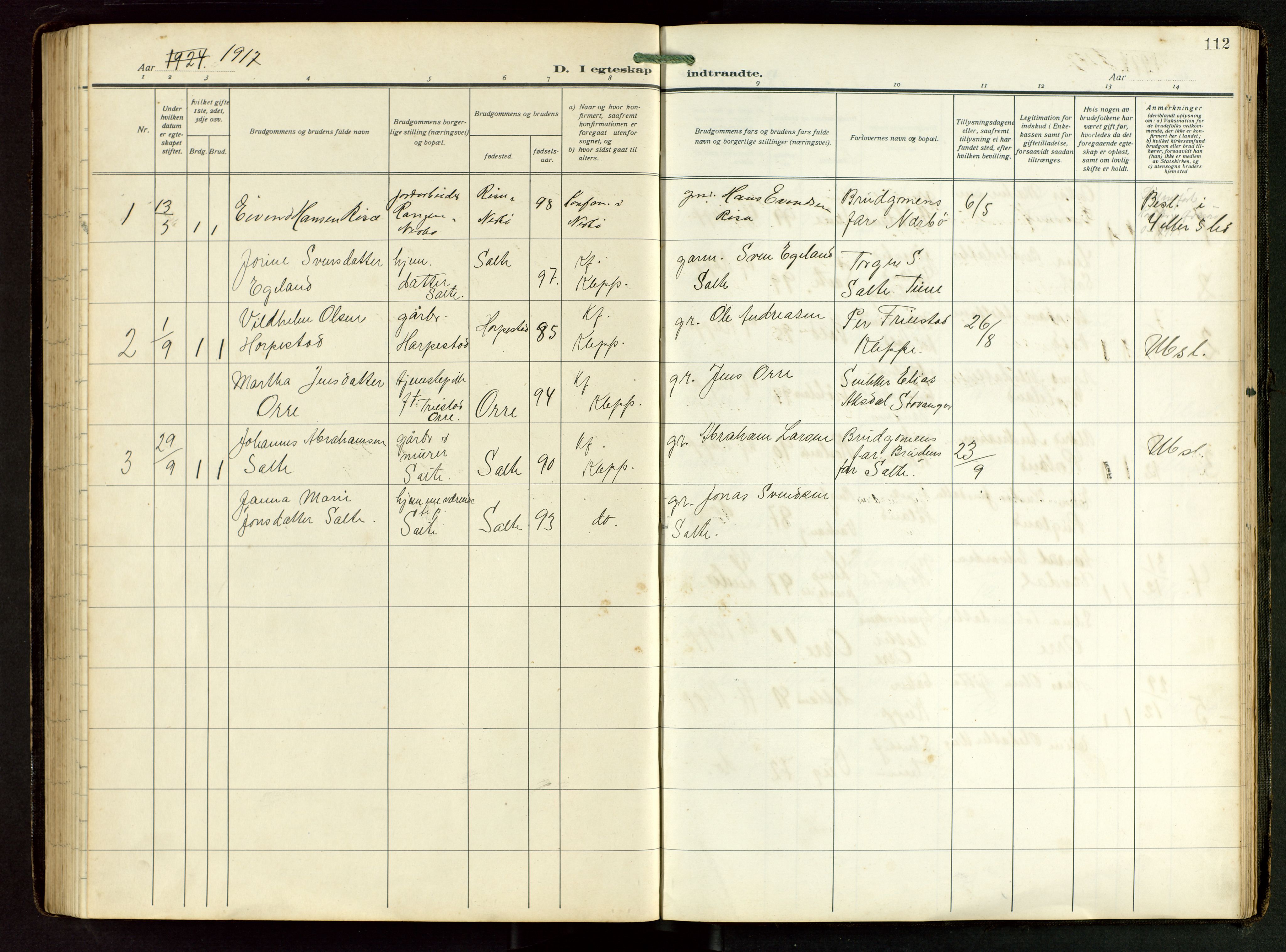 Klepp sokneprestkontor, SAST/A-101803/001/3/30BB/L0008: Parish register (copy) no. B 8, 1918-1949, p. 112