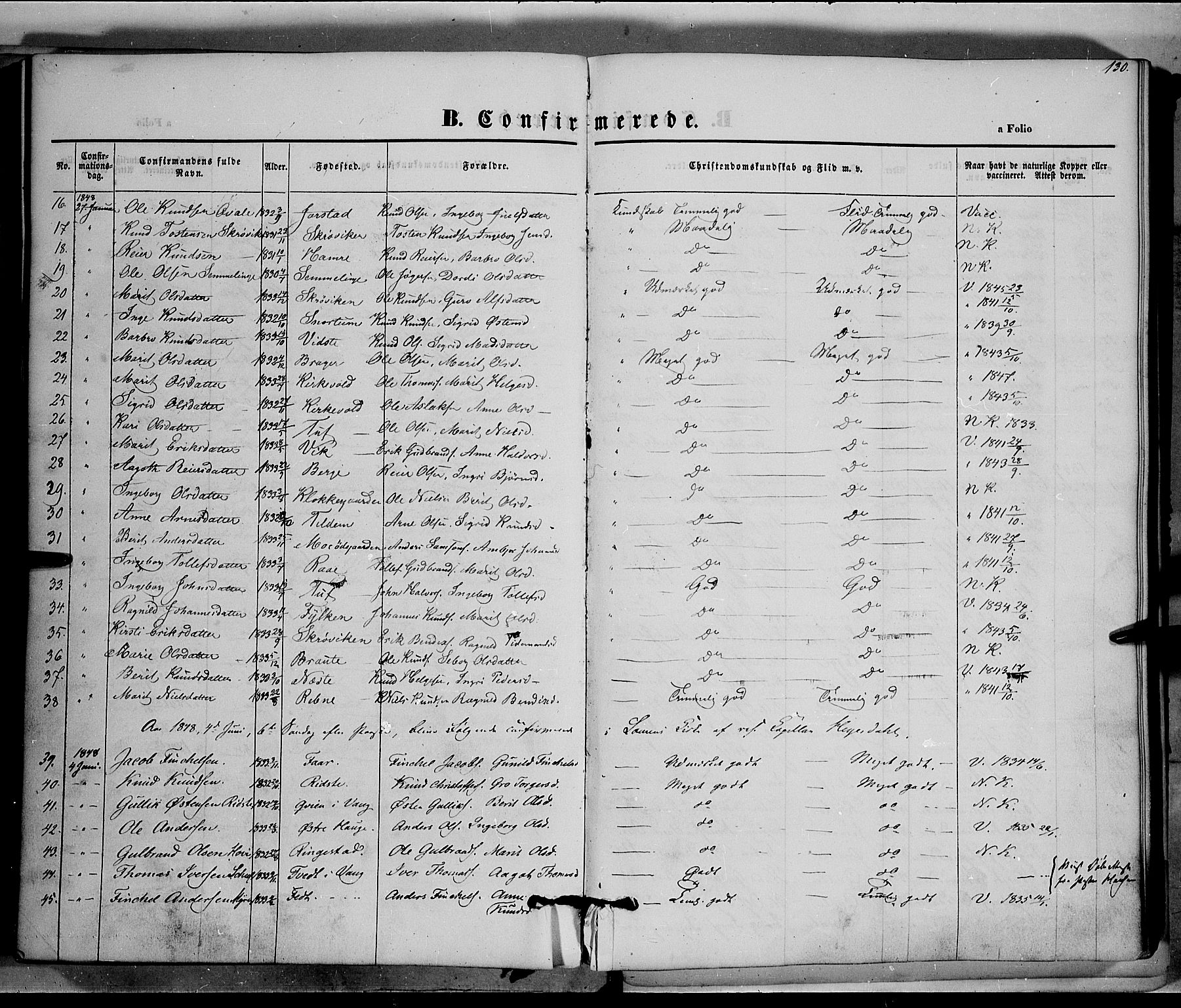Vestre Slidre prestekontor, SAH/PREST-136/H/Ha/Haa/L0001: Parish register (official) no. 1, 1844-1855, p. 130