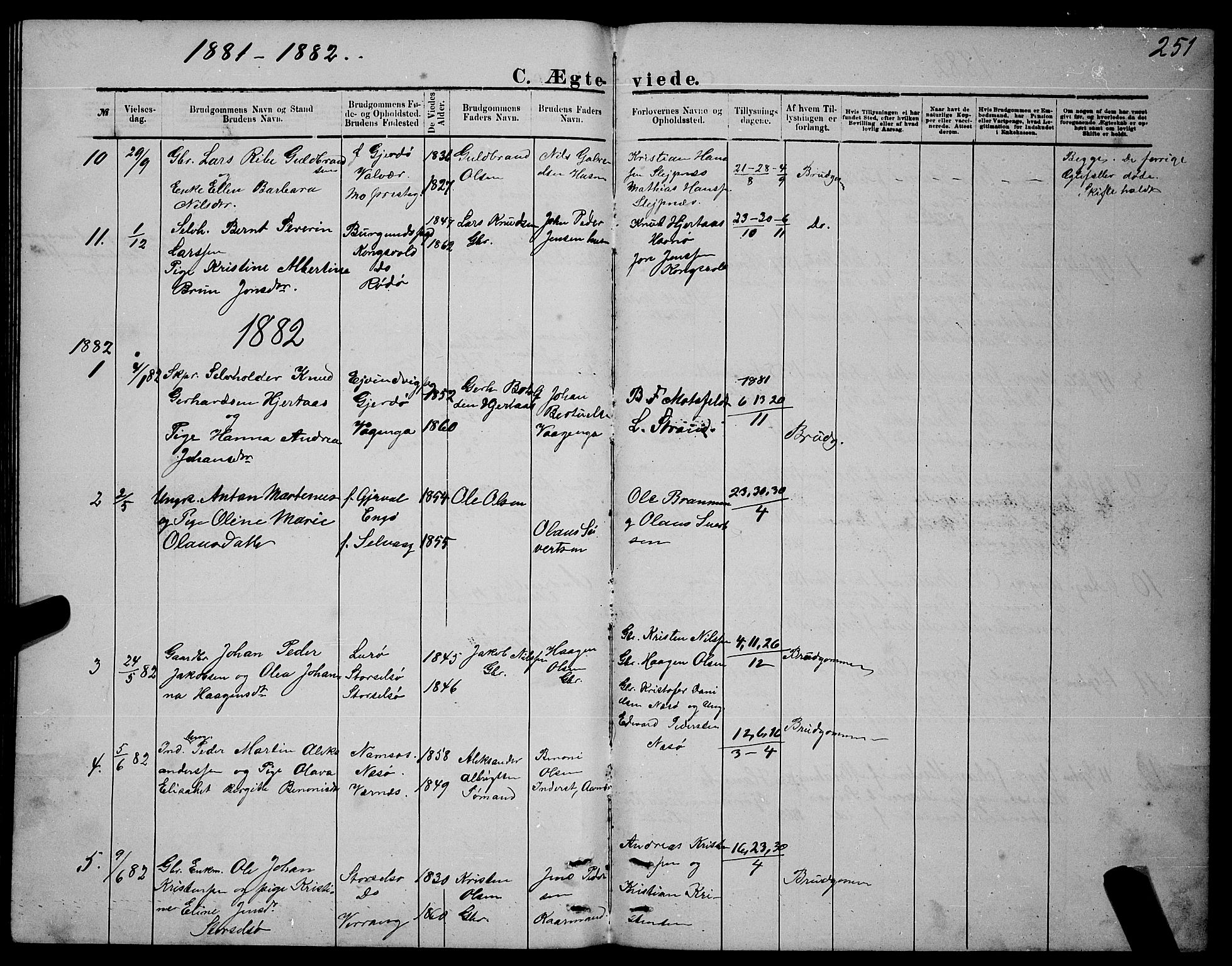 Ministerialprotokoller, klokkerbøker og fødselsregistre - Nordland, SAT/A-1459/841/L0620: Parish register (copy) no. 841C04, 1877-1896, p. 251