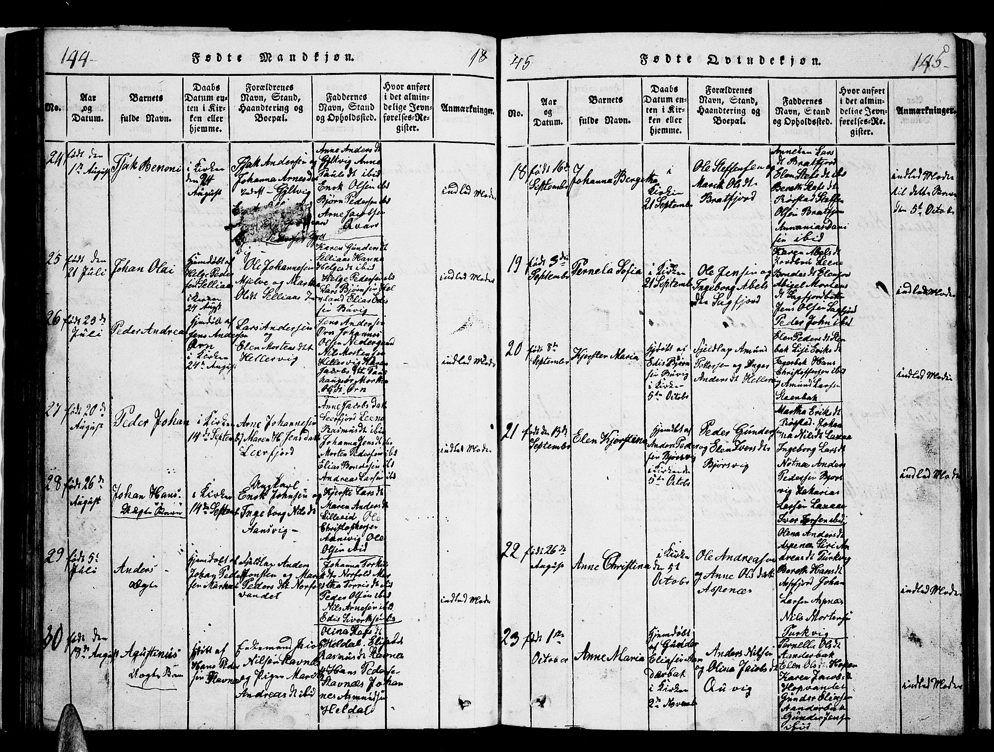 Ministerialprotokoller, klokkerbøker og fødselsregistre - Nordland, AV/SAT-A-1459/853/L0773: Parish register (copy) no. 853C01, 1821-1859, p. 144-145