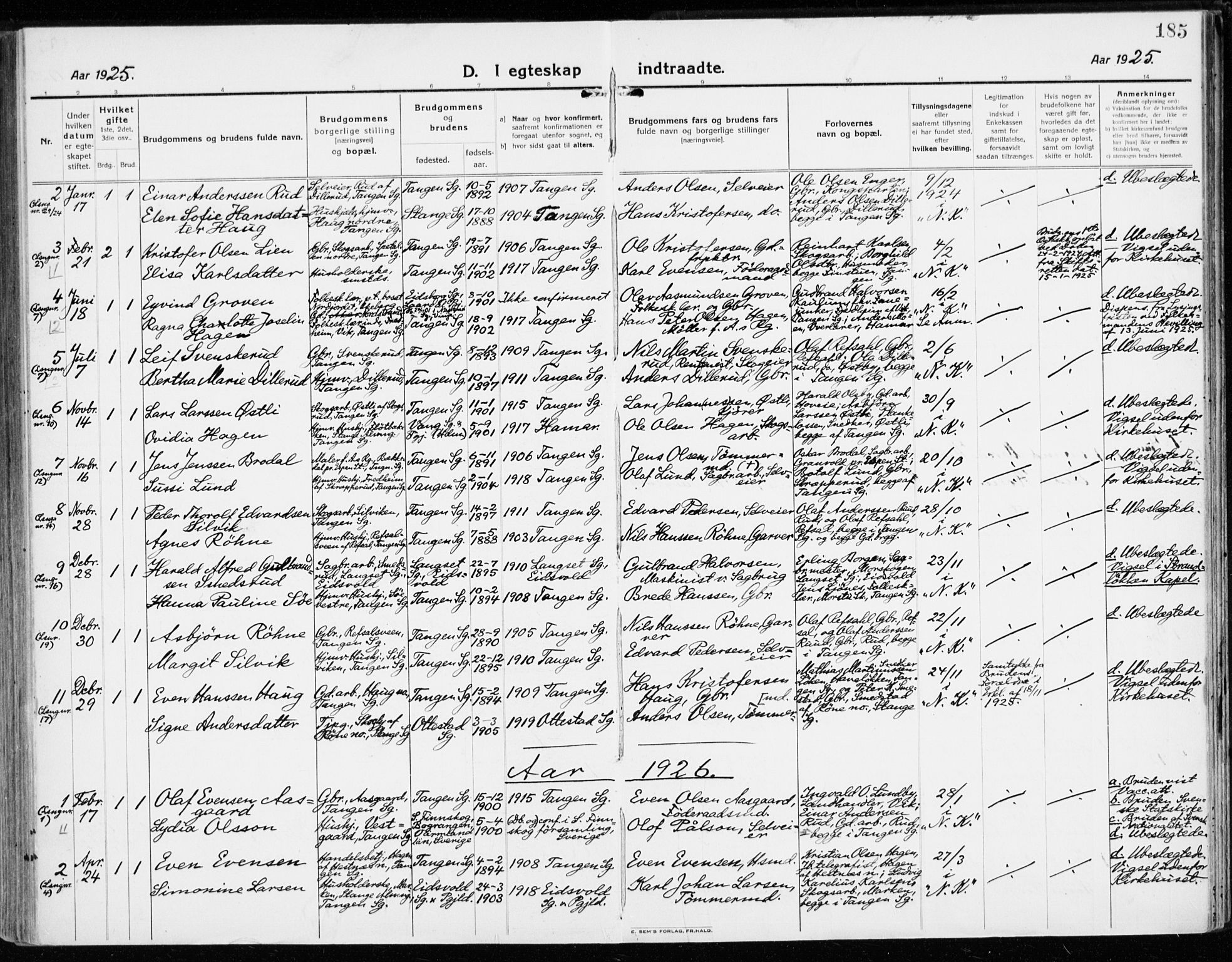 Stange prestekontor, SAH/PREST-002/K/L0025: Parish register (official) no. 25, 1921-1945, p. 185