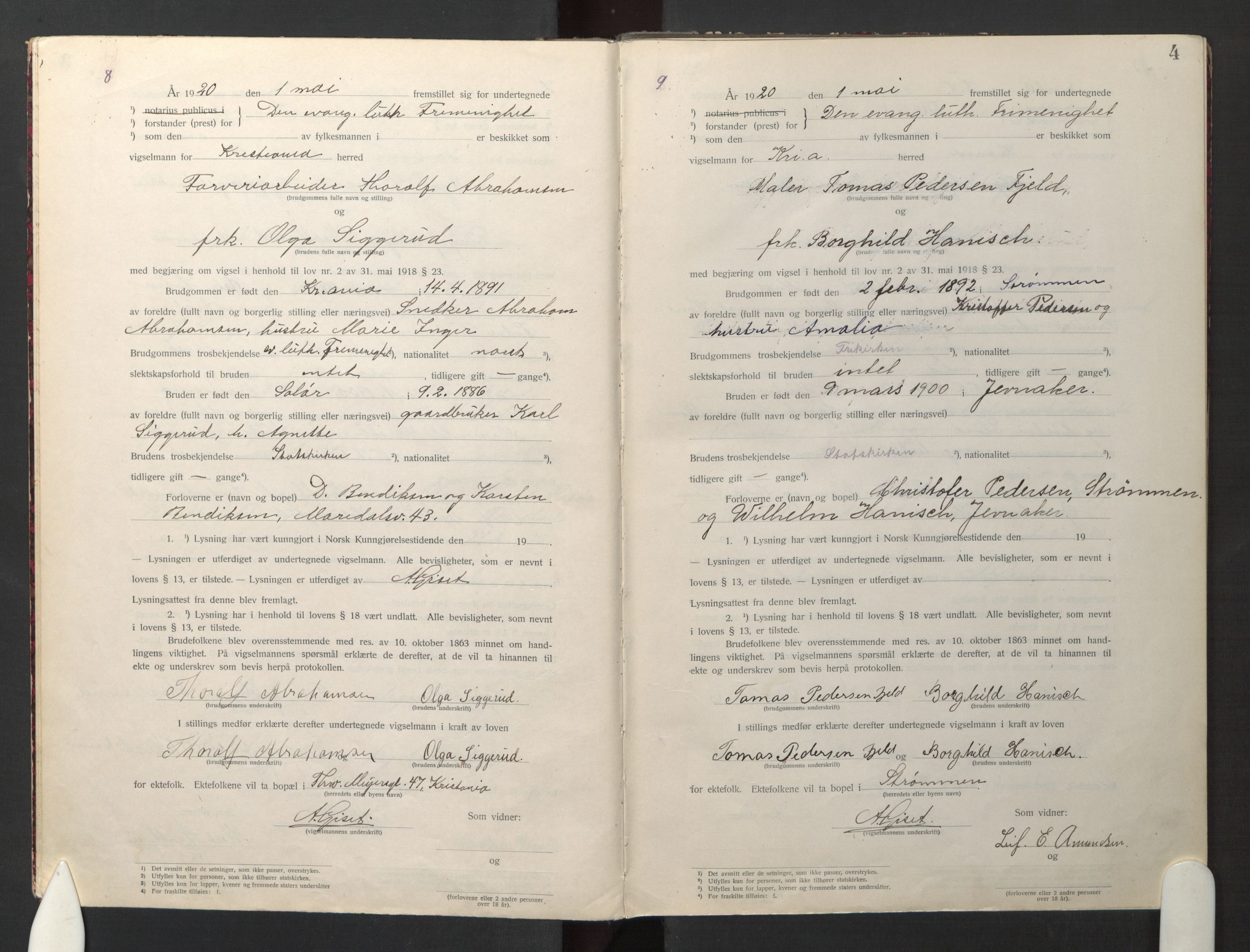 Den evangelisk-lutherske frikirke østre menighet, Oslo, SAO/PAO-0245/F/L0005: Marriage register (dissenter) no. 5, 1920-1941, p. 4