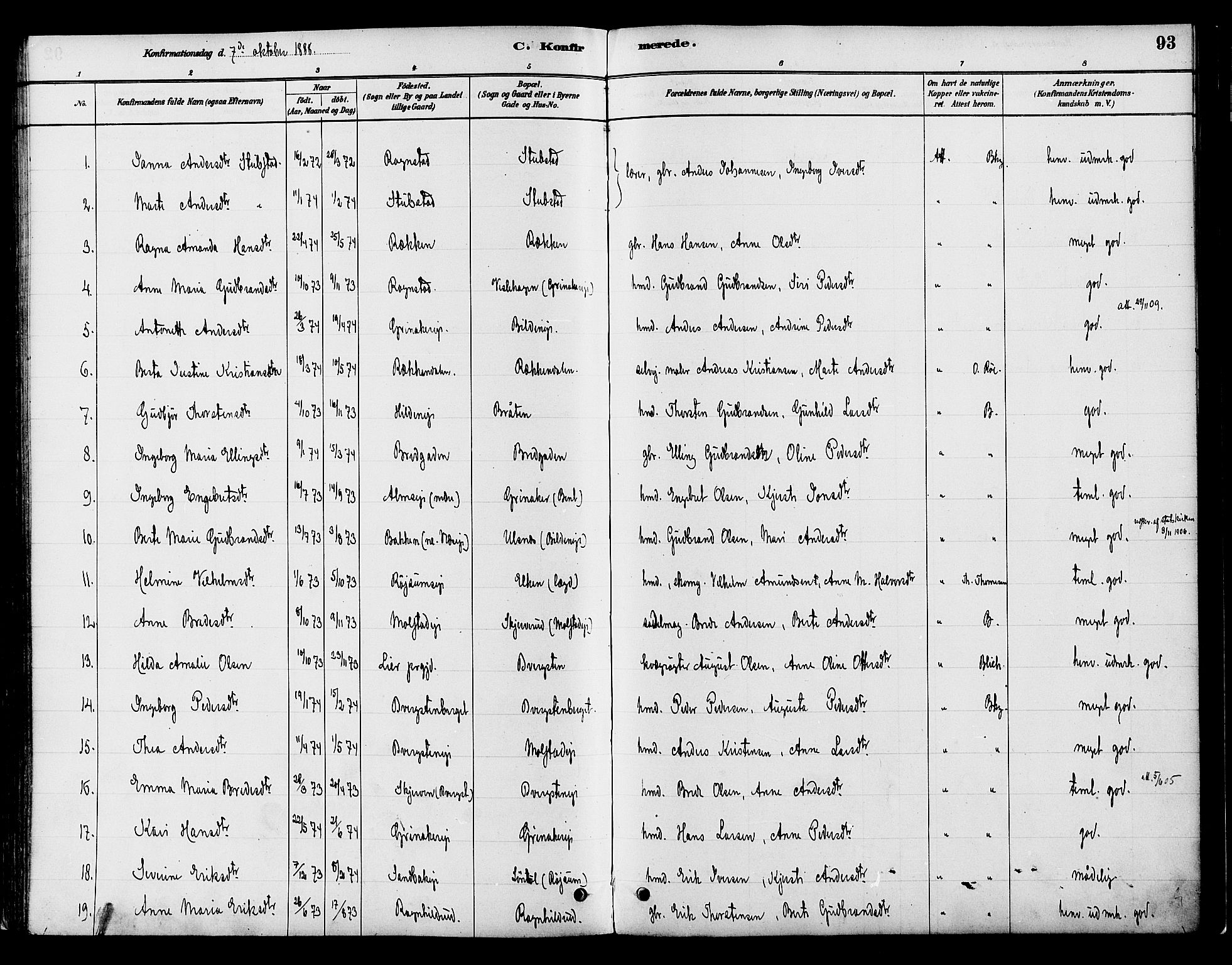 Gran prestekontor, SAH/PREST-112/H/Ha/Haa/L0016: Parish register (official) no. 16, 1880-1888, p. 93