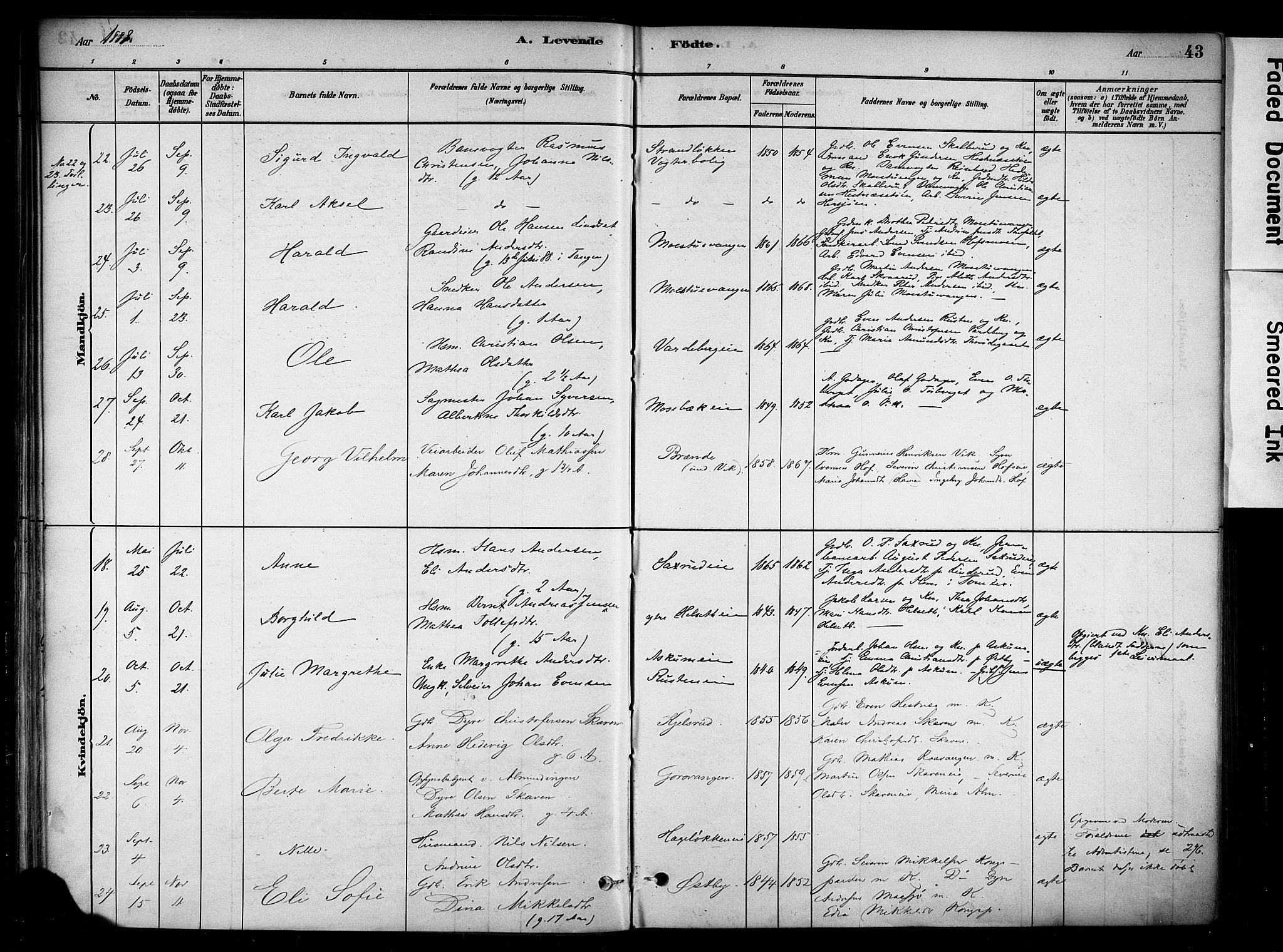 Stange prestekontor, AV/SAH-PREST-002/K/L0018: Parish register (official) no. 18, 1880-1896, p. 43