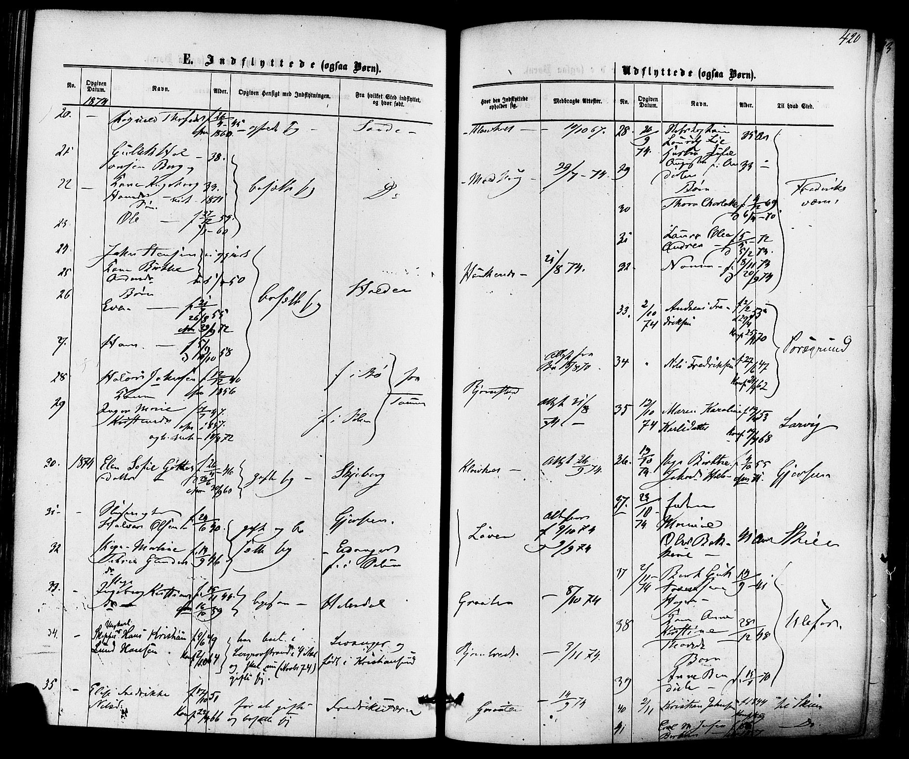 Solum kirkebøker, SAKO/A-306/F/Fa/L0008: Parish register (official) no. I 8, 1865-1876, p. 420