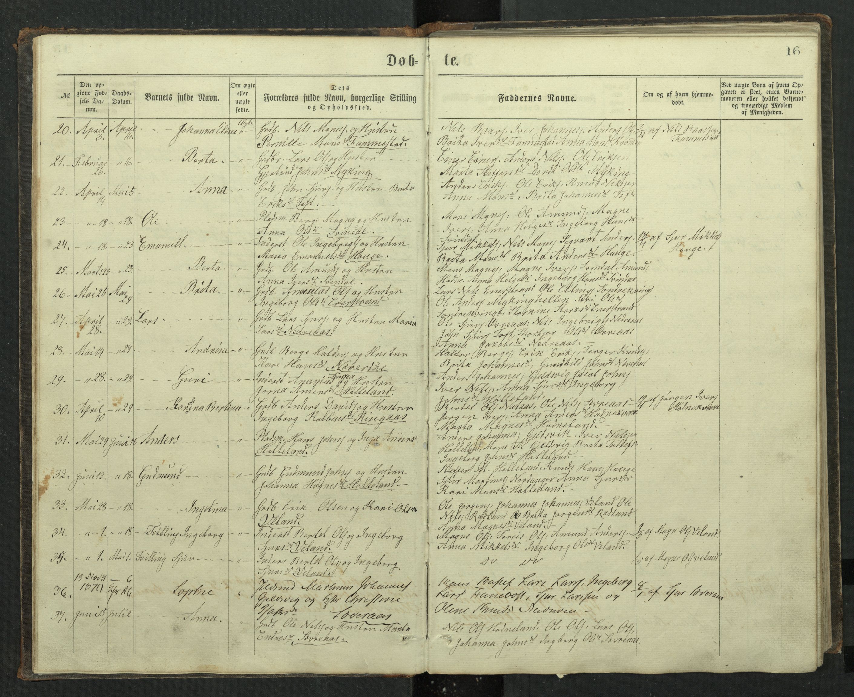 Lindås Sokneprestembete, SAB/A-76701/H/Hab: Parish register (copy) no. E 2, 1867-1892, p. 15b-16a