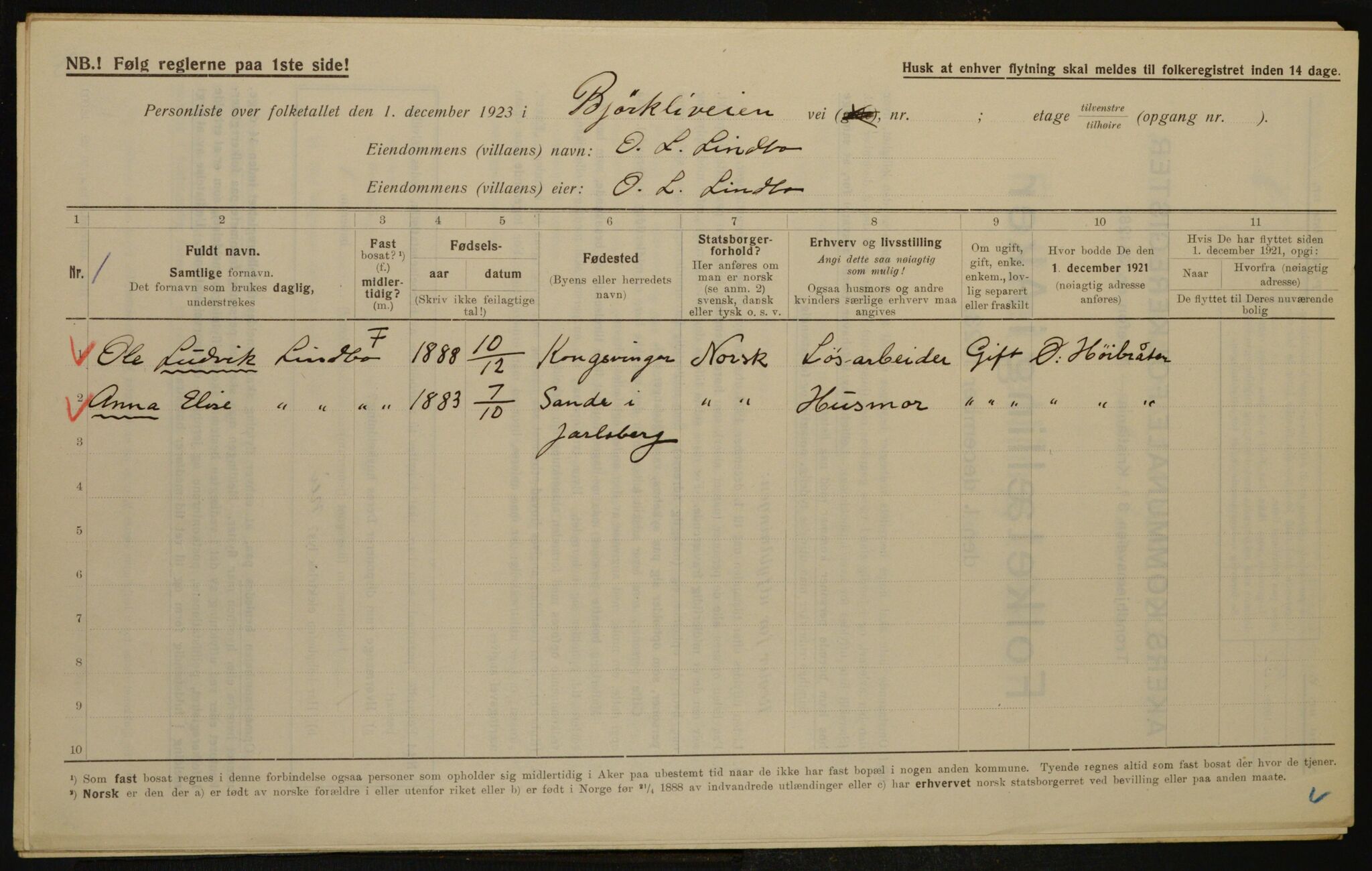 , Municipal Census 1923 for Aker, 1923, p. 23044