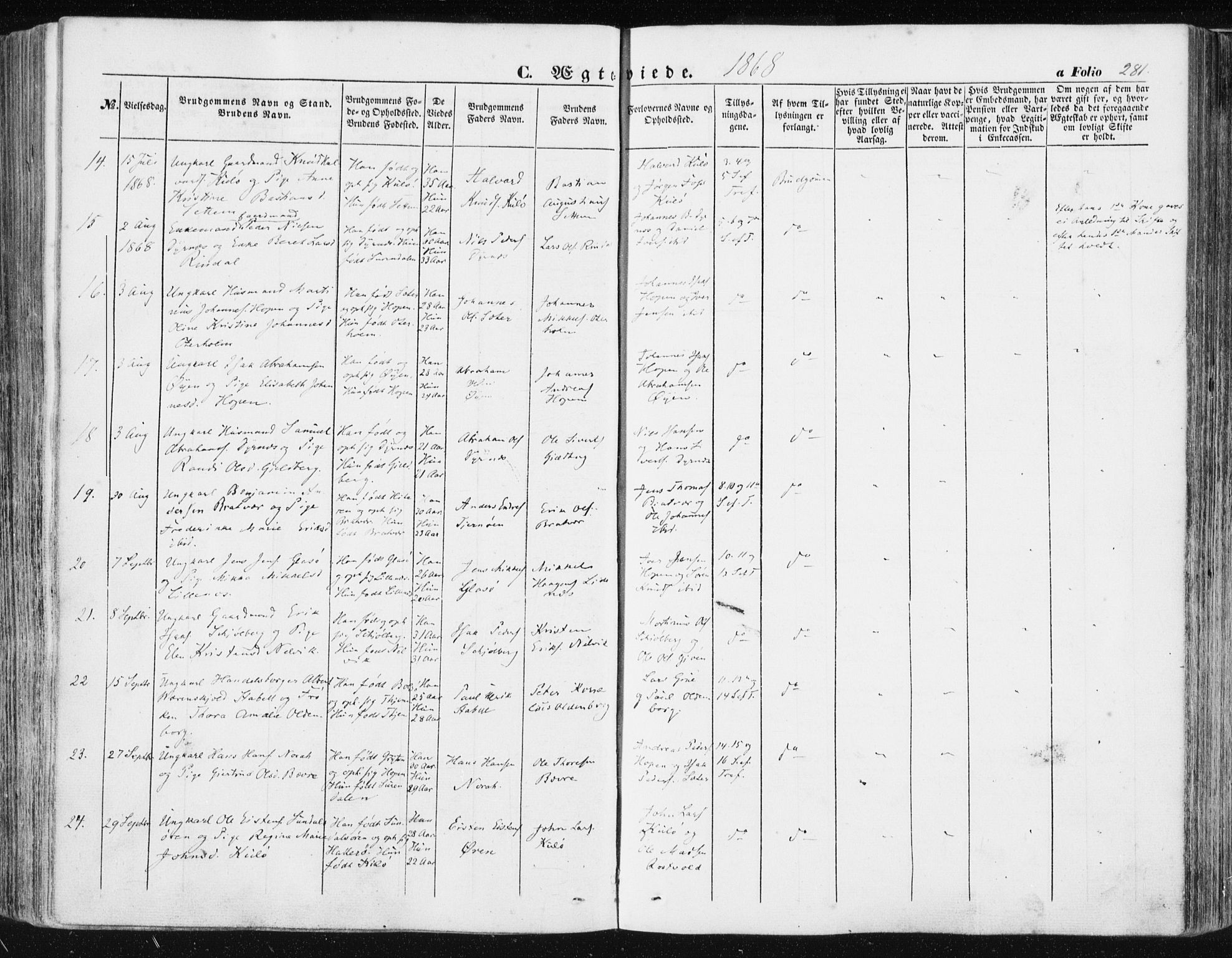 Ministerialprotokoller, klokkerbøker og fødselsregistre - Møre og Romsdal, AV/SAT-A-1454/581/L0937: Parish register (official) no. 581A05, 1853-1872, p. 281