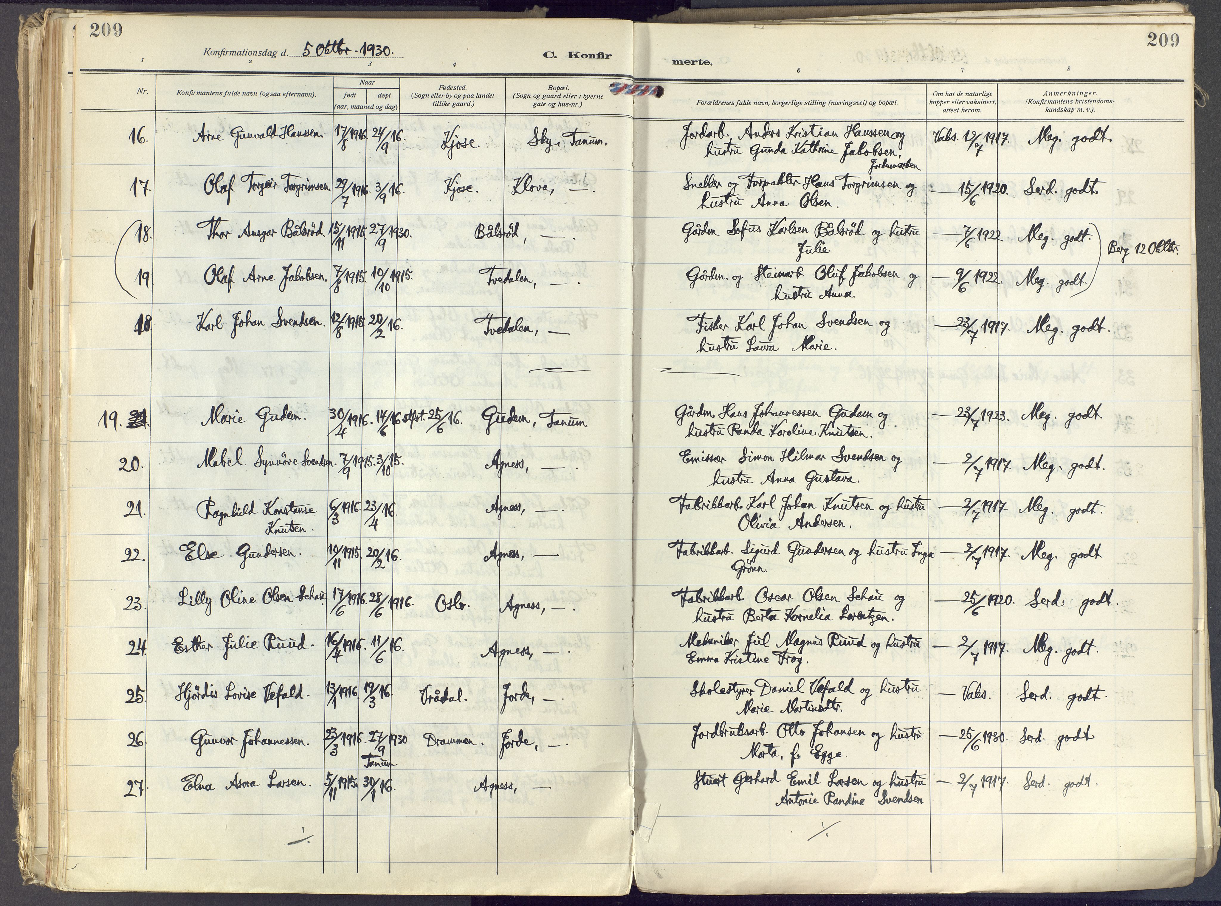 Brunlanes kirkebøker, SAKO/A-342/F/Fc/L0004: Parish register (official) no. III 4, 1923-1943, p. 209