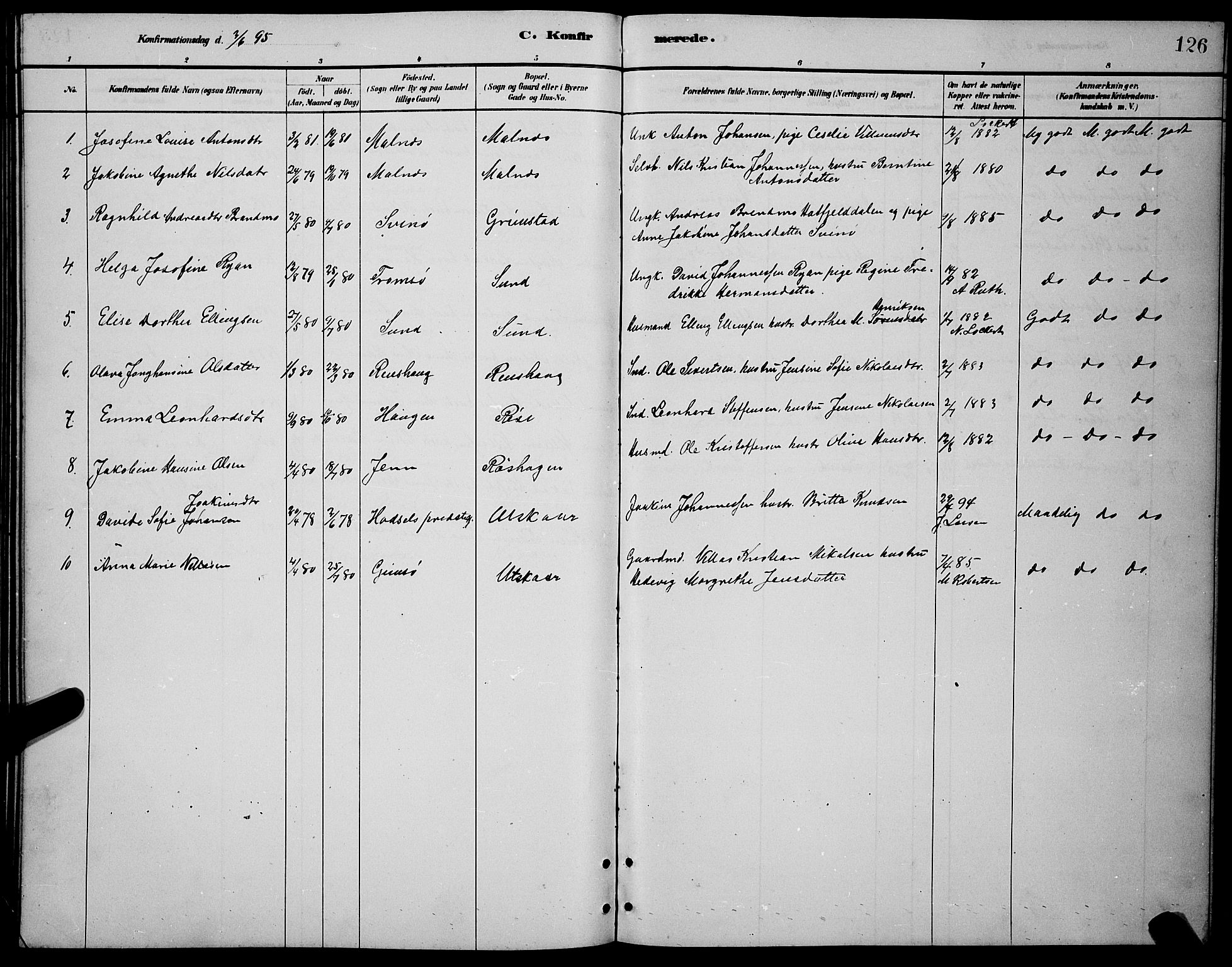 Ministerialprotokoller, klokkerbøker og fødselsregistre - Nordland, AV/SAT-A-1459/892/L1325: Parish register (copy) no. 892C02, 1878-1896, p. 126