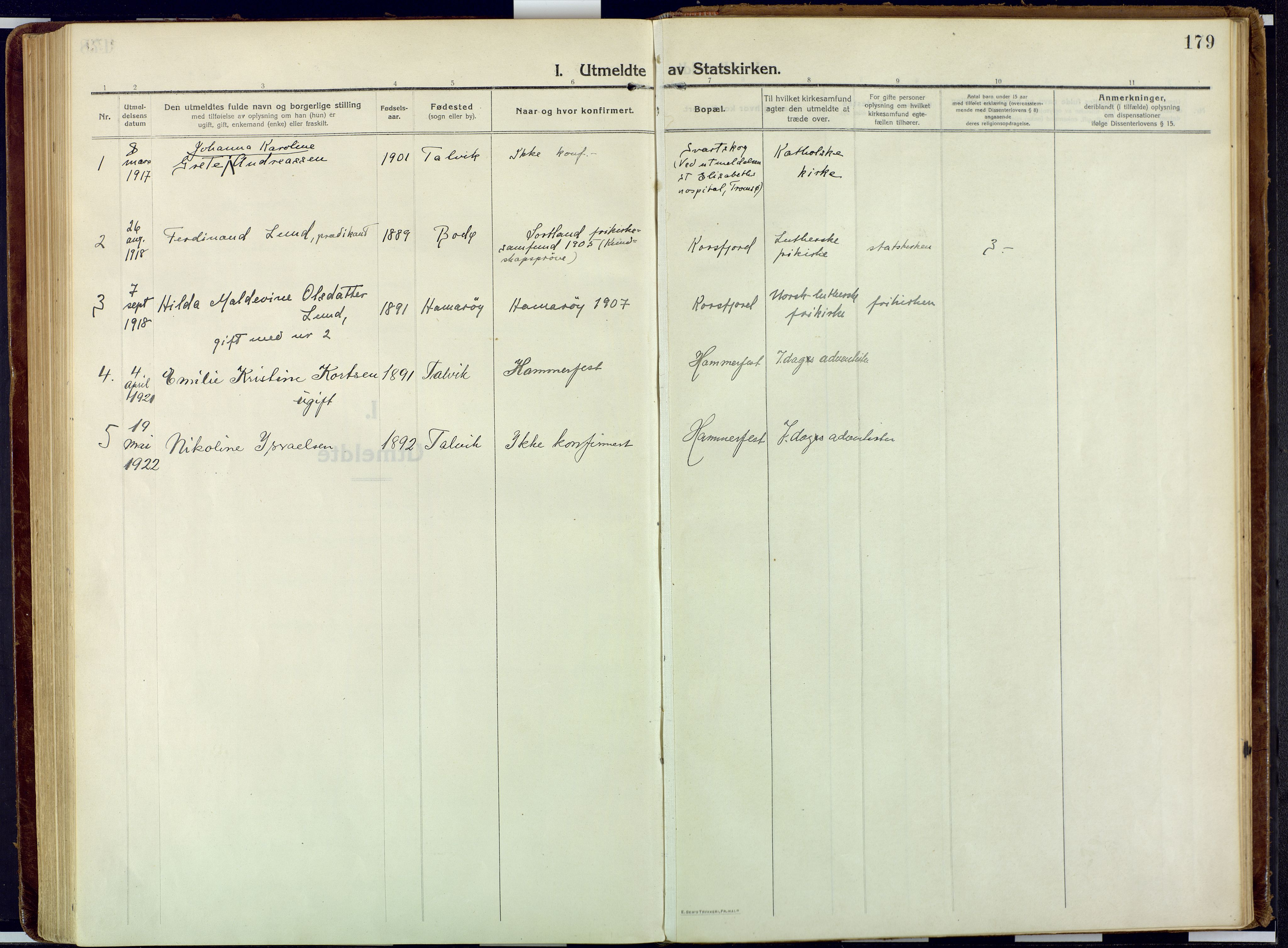 Talvik sokneprestkontor, SATØ/S-1337/H/Ha/L0018kirke: Parish register (official) no. 18, 1915-1924, p. 179