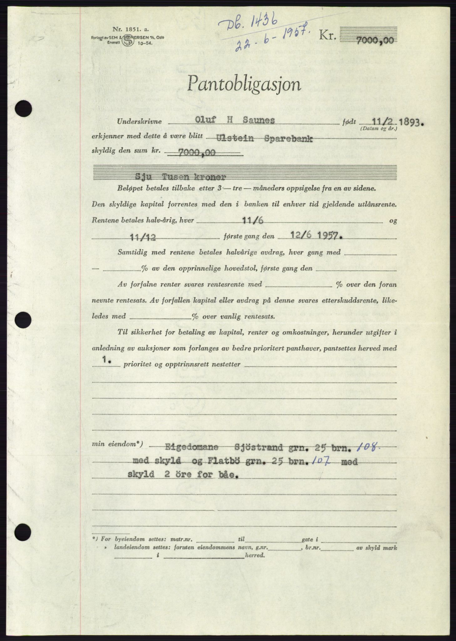 Søre Sunnmøre sorenskriveri, AV/SAT-A-4122/1/2/2C/L0130: Mortgage book no. 18B, 1957-1958, Diary no: : 1436/1957