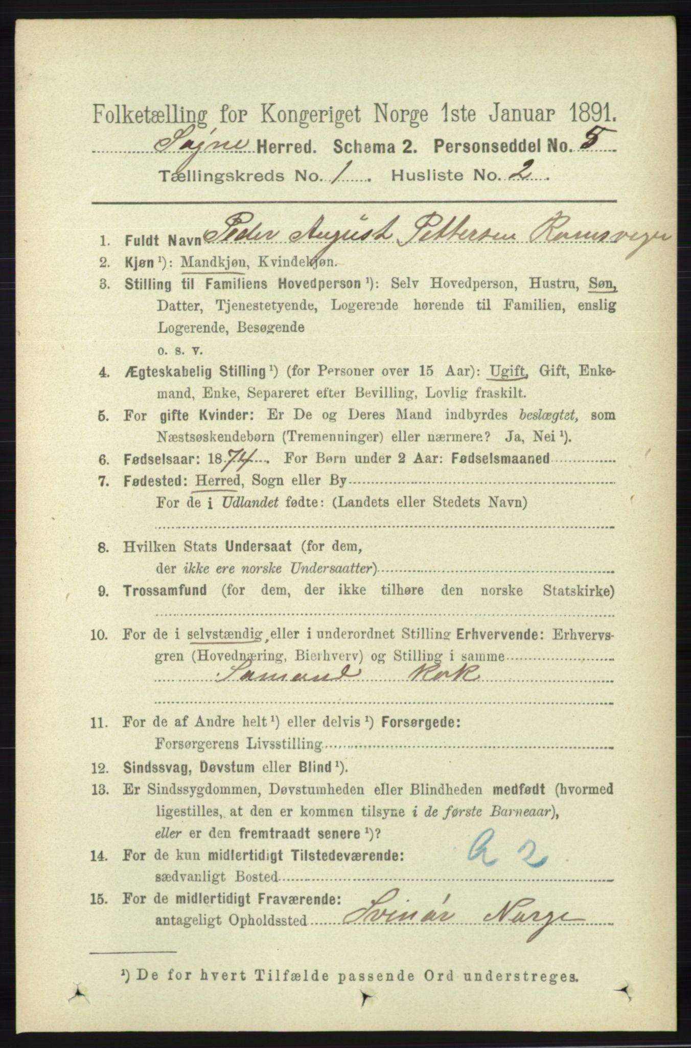 RA, 1891 census for 1018 Søgne, 1891, p. 73