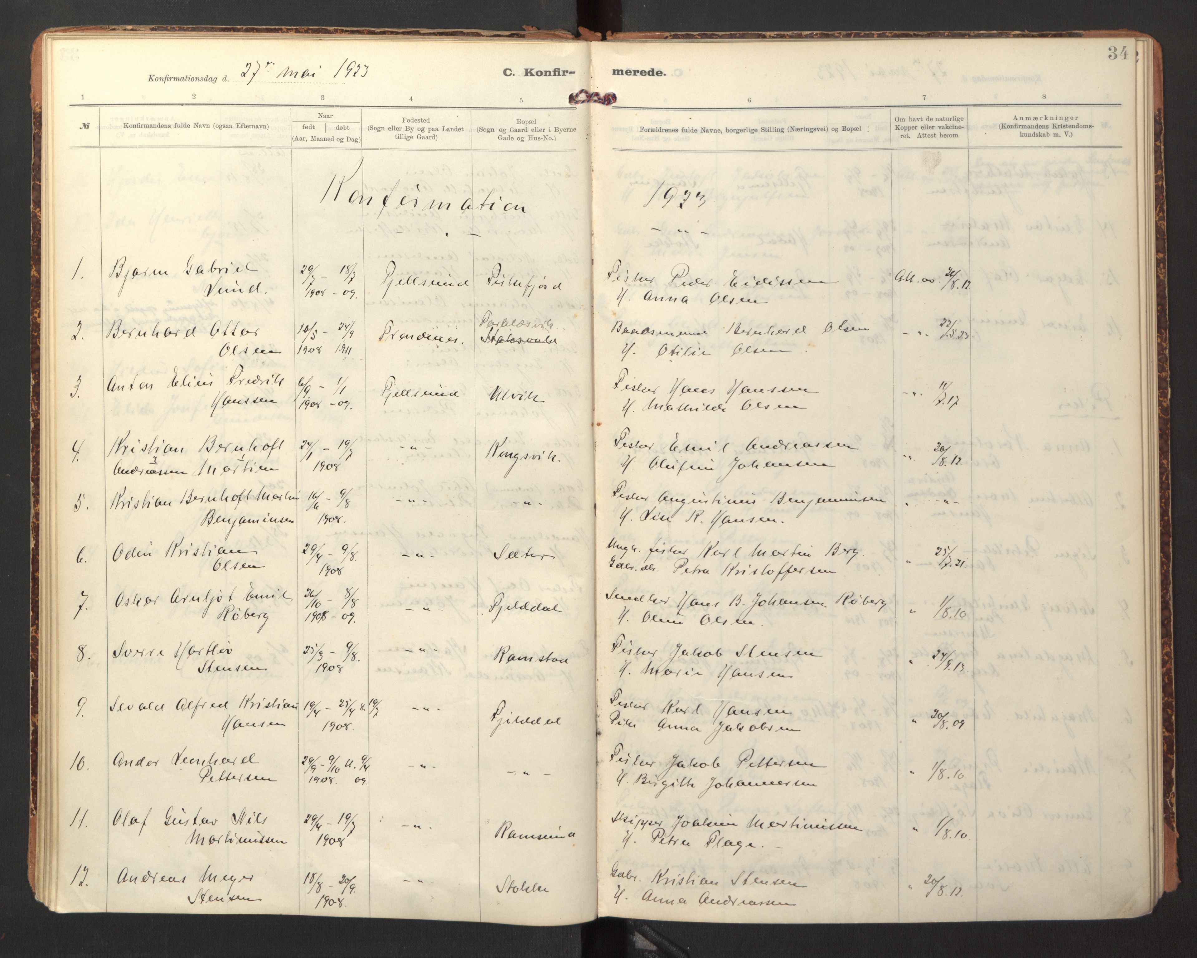 Ministerialprotokoller, klokkerbøker og fødselsregistre - Nordland, AV/SAT-A-1459/865/L0927: Parish register (official) no. 865A05, 1911-1935, p. 34