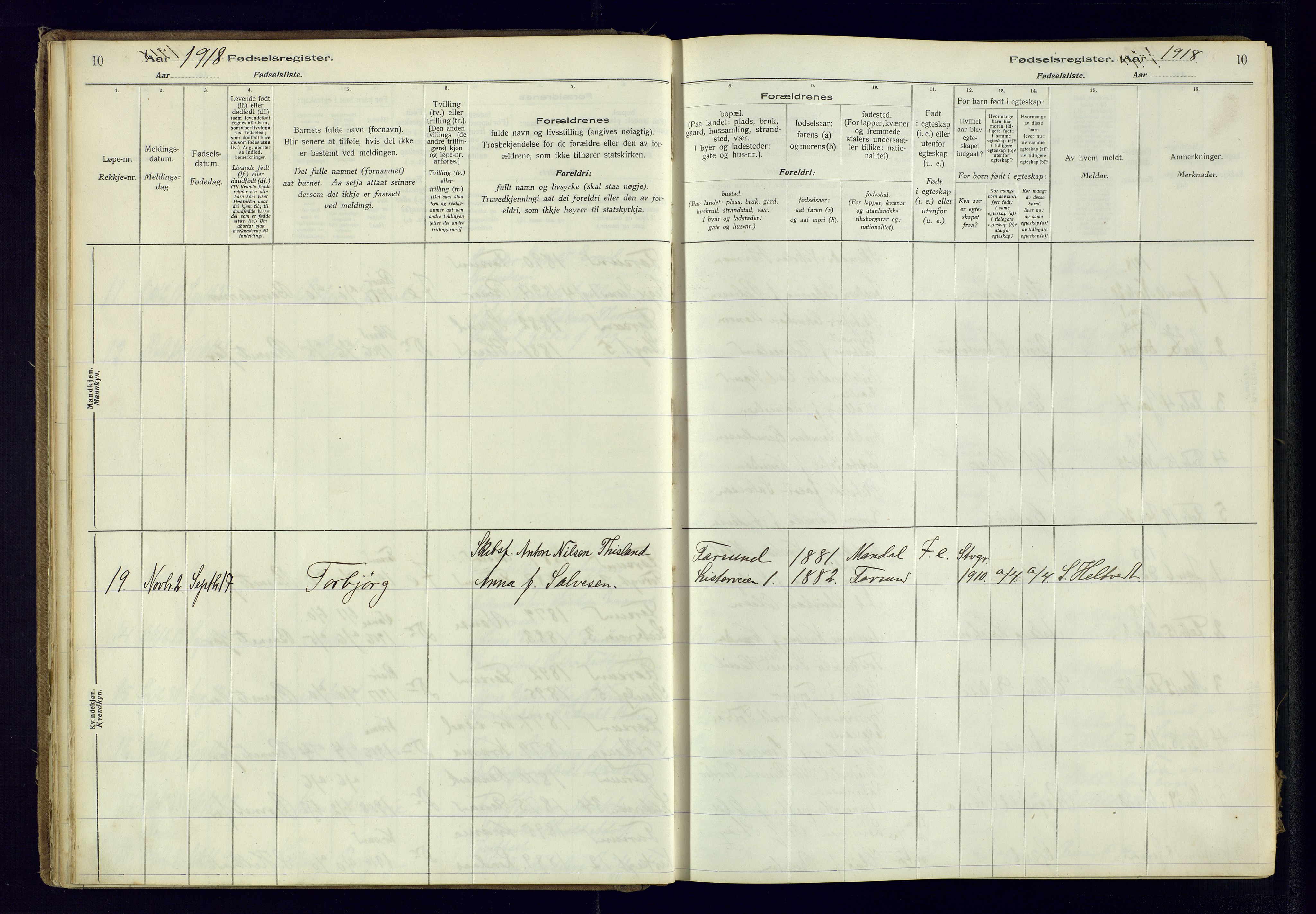 Farsund sokneprestkontor, AV/SAK-1111-0009/J/Ja/L0001: Birth register no. A-VI-8, 1916-1950, p. 10