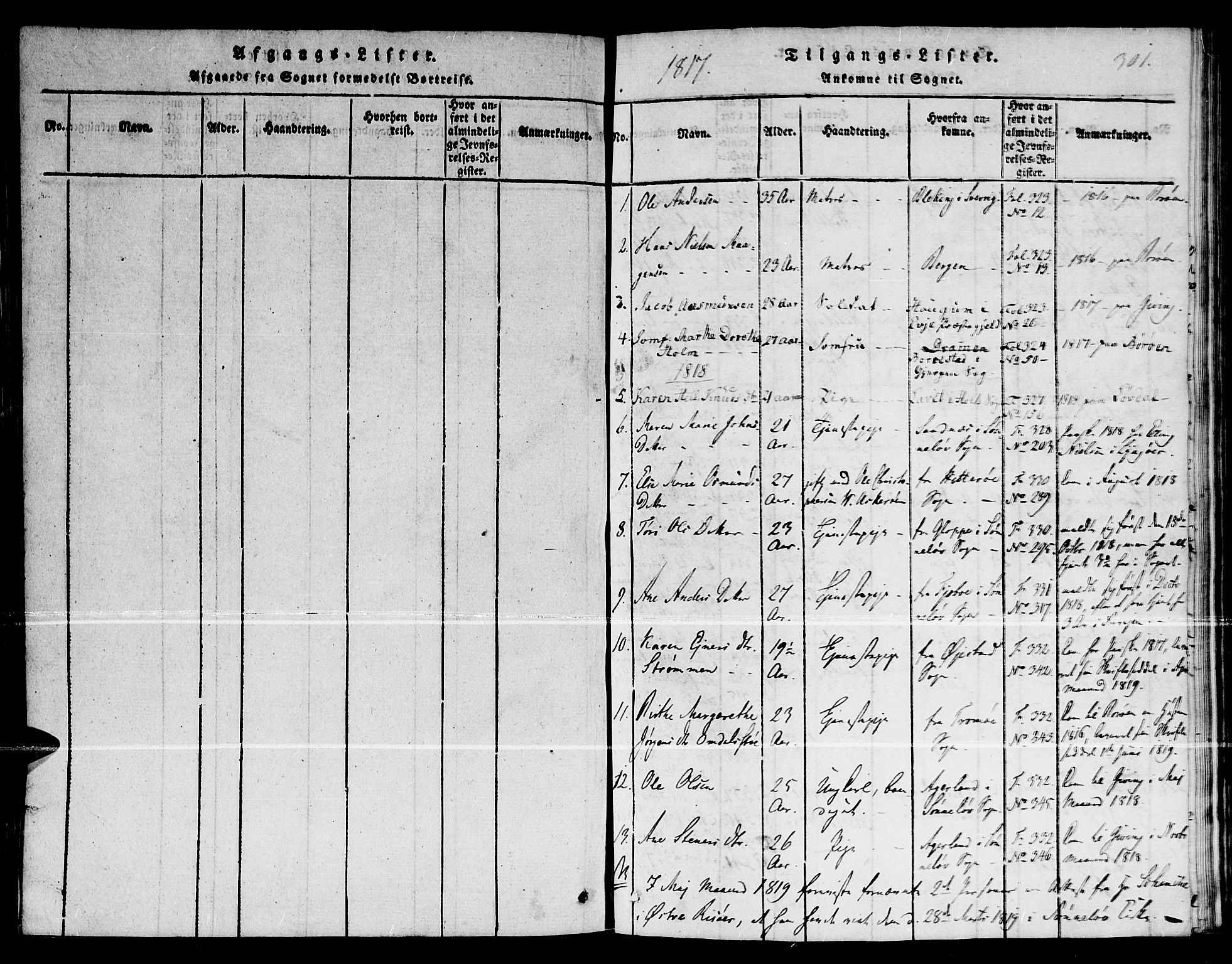 Dypvåg sokneprestkontor, SAK/1111-0007/F/Fb/Fba/L0009: Parish register (copy) no. B 9, 1816-1842, p. 301