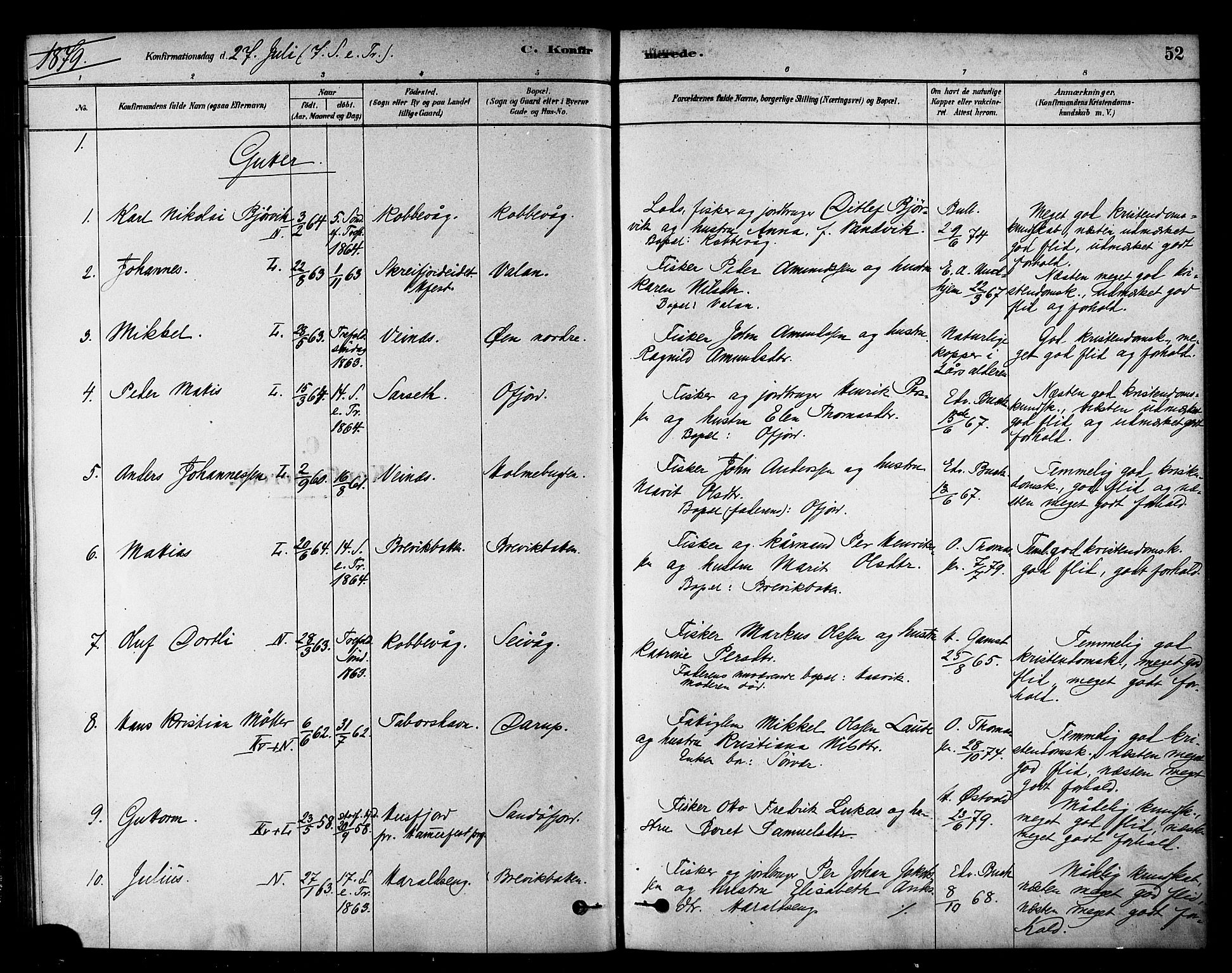 Loppa sokneprestkontor, SATØ/S-1339/H/Ha/L0007kirke: Parish register (official) no. 7, 1879-1889, p. 52