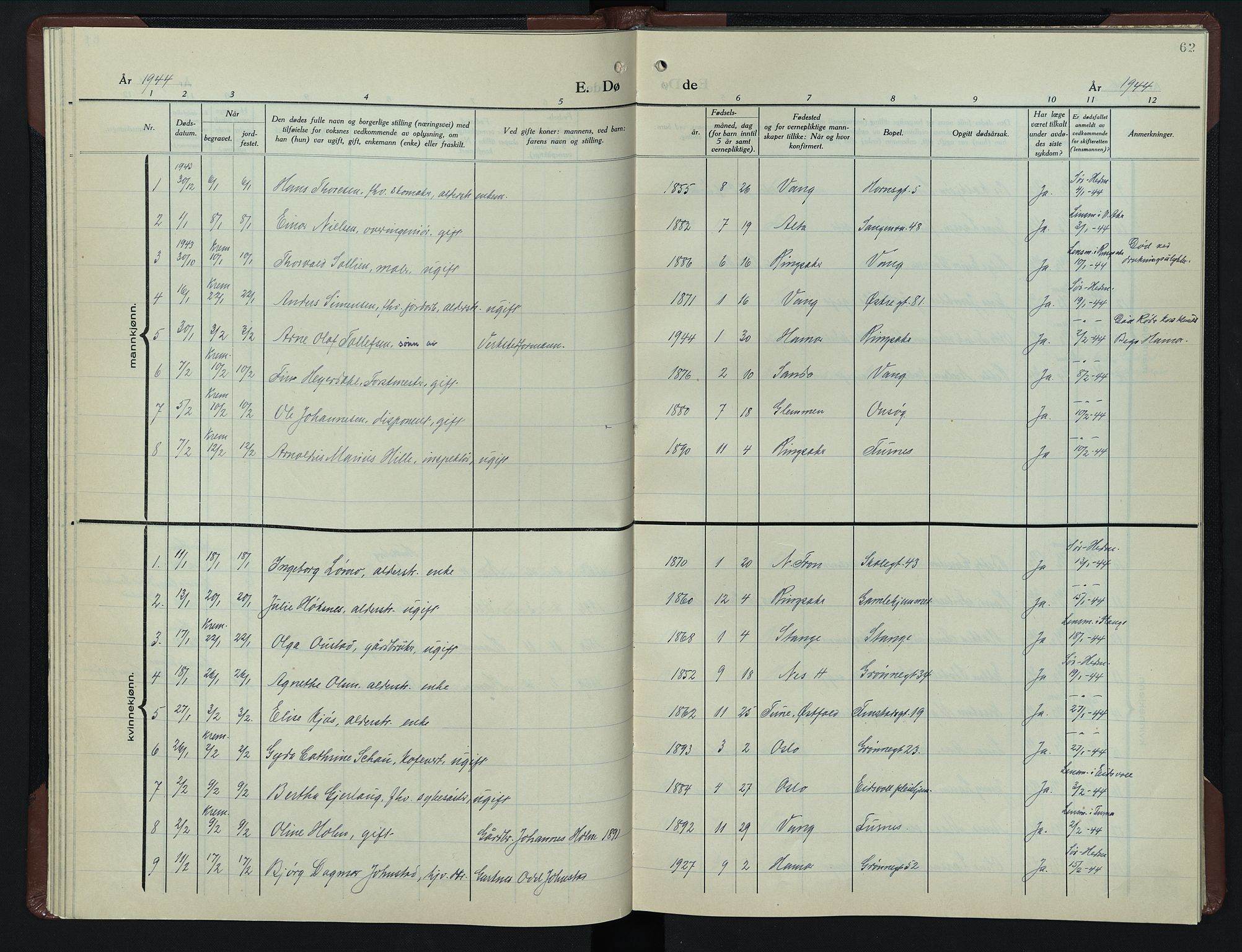 Hamar prestekontor, SAH/DOMPH-002/H/Ha/Hab/L0007: Parish register (copy) no. 7, 1933-1950, p. 62