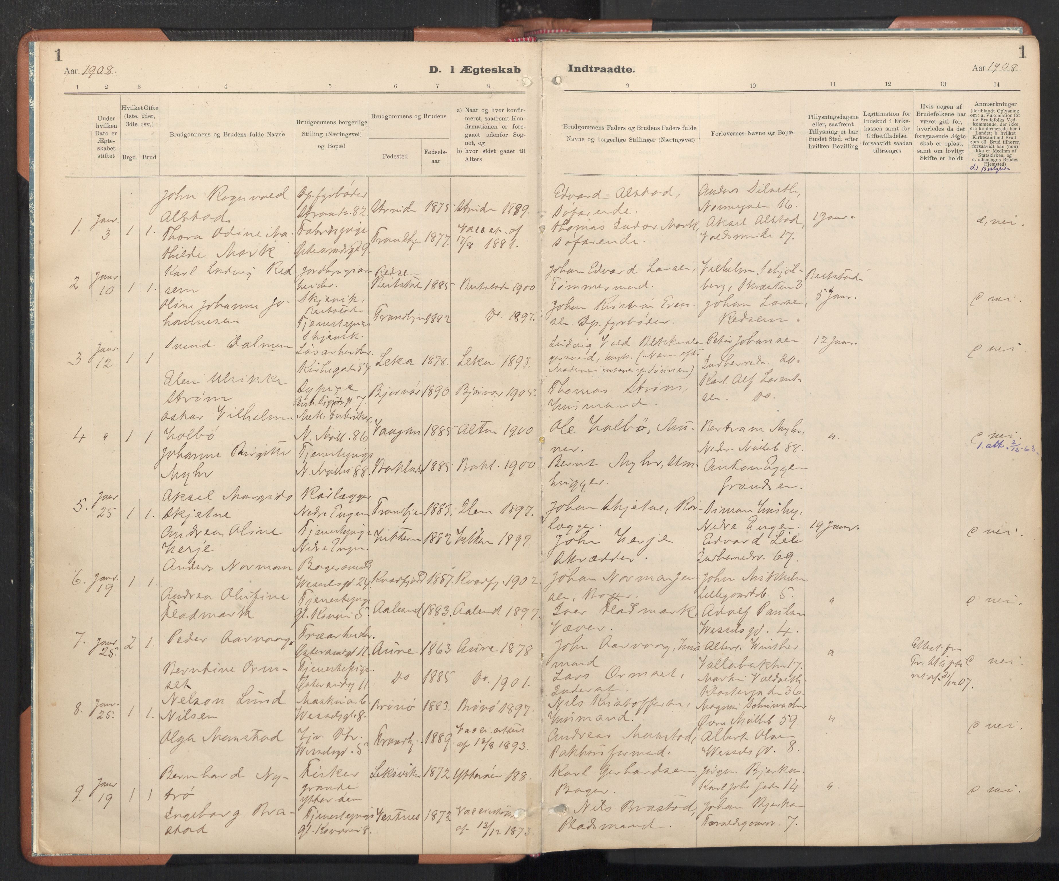 Ministerialprotokoller, klokkerbøker og fødselsregistre - Sør-Trøndelag, SAT/A-1456/605/L0244: Parish register (official) no. 605A06, 1908-1954, p. 1