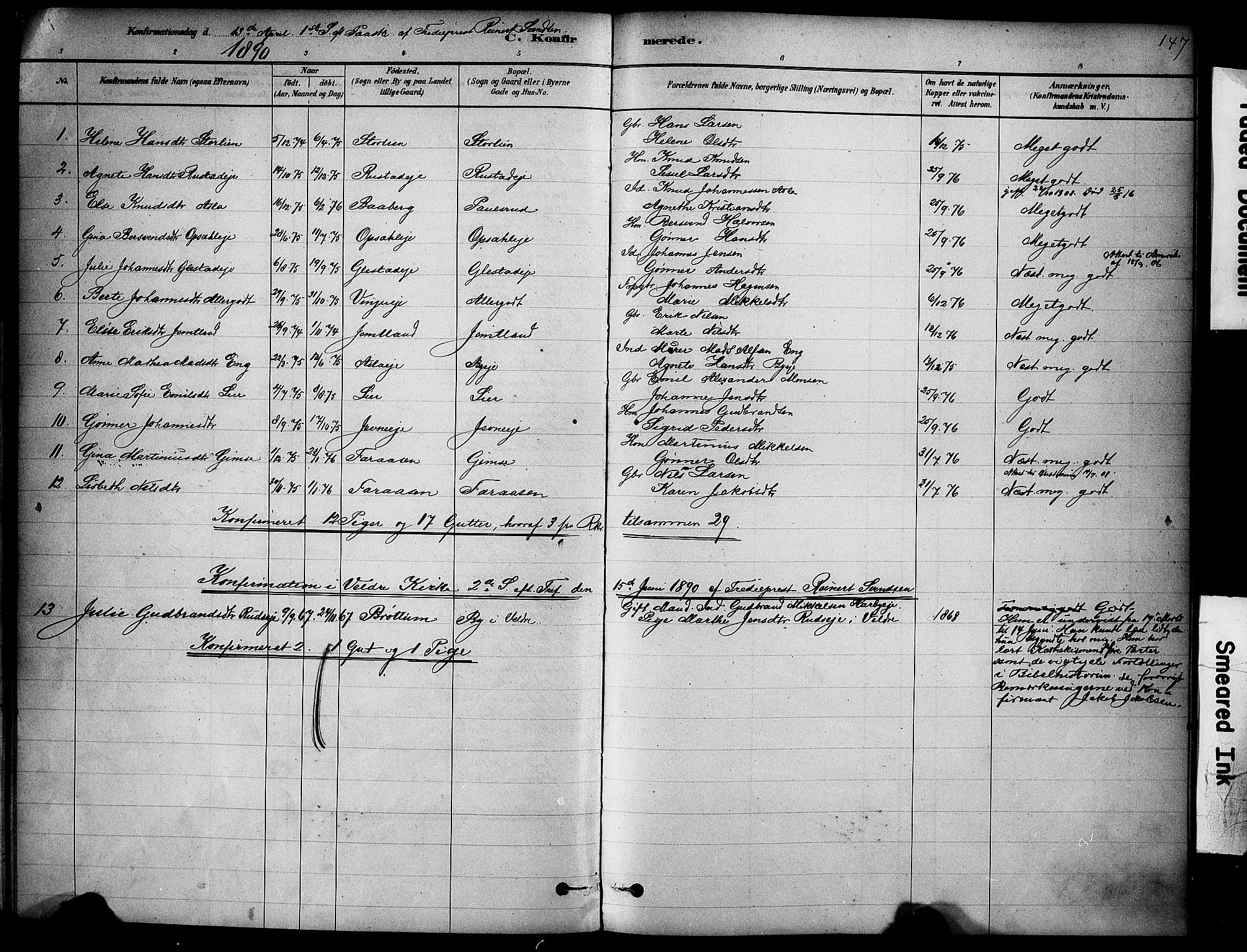 Ringsaker prestekontor, SAH/PREST-014/K/Ka/L0014: Parish register (official) no. 14, 1879-1890, p. 147