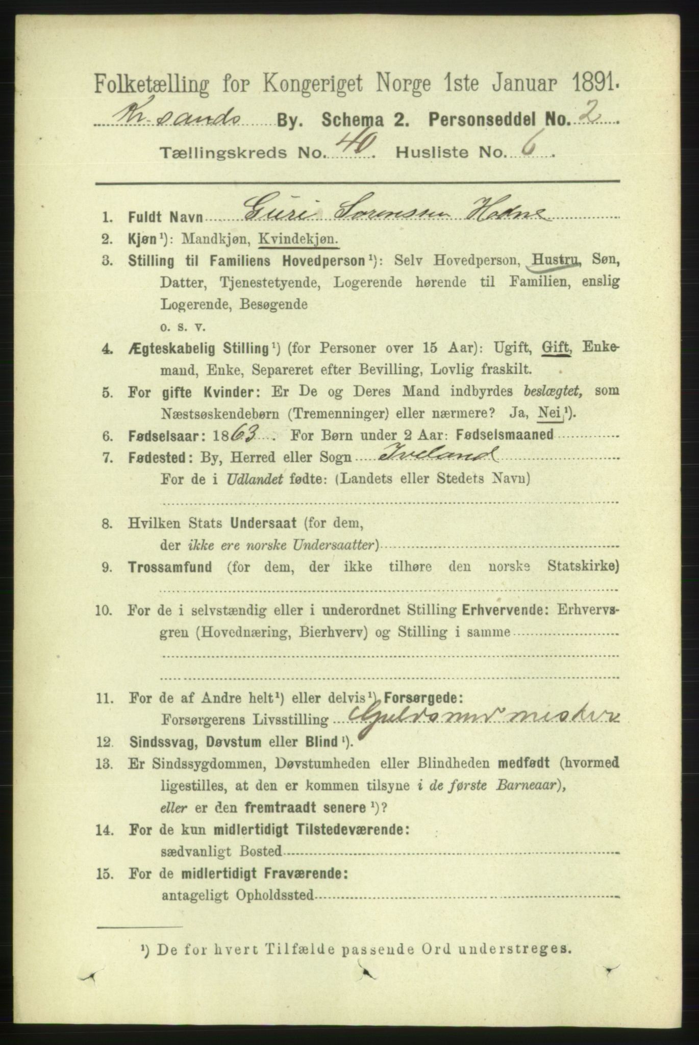 RA, 1891 census for 1001 Kristiansand, 1891, p. 12457