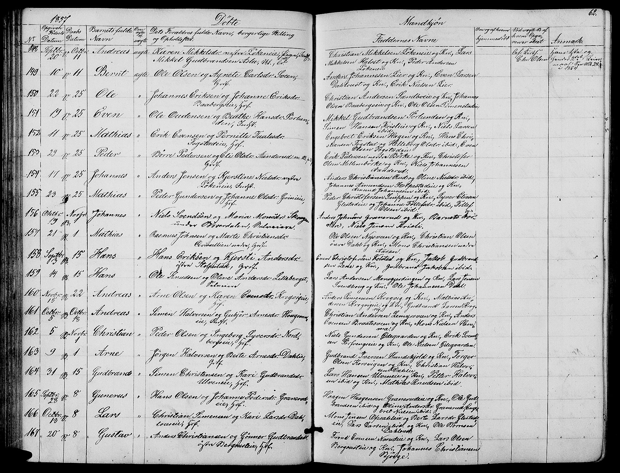 Ringsaker prestekontor, AV/SAH-PREST-014/L/La/L0006: Parish register (copy) no. 6, 1851-1860, p. 62