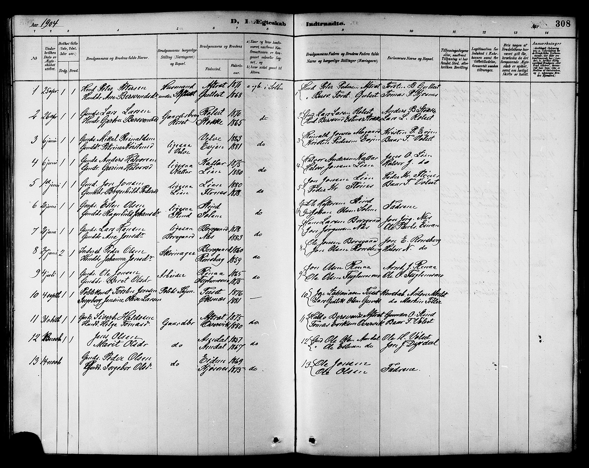 Ministerialprotokoller, klokkerbøker og fødselsregistre - Sør-Trøndelag, SAT/A-1456/695/L1157: Parish register (copy) no. 695C08, 1889-1913, p. 308