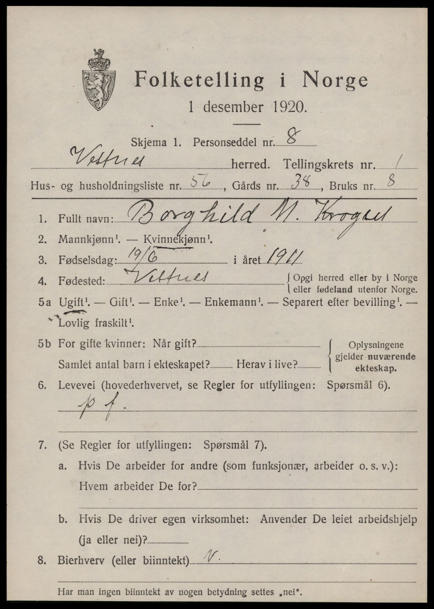 SAT, 1920 census for Vestnes, 1920, p. 1895