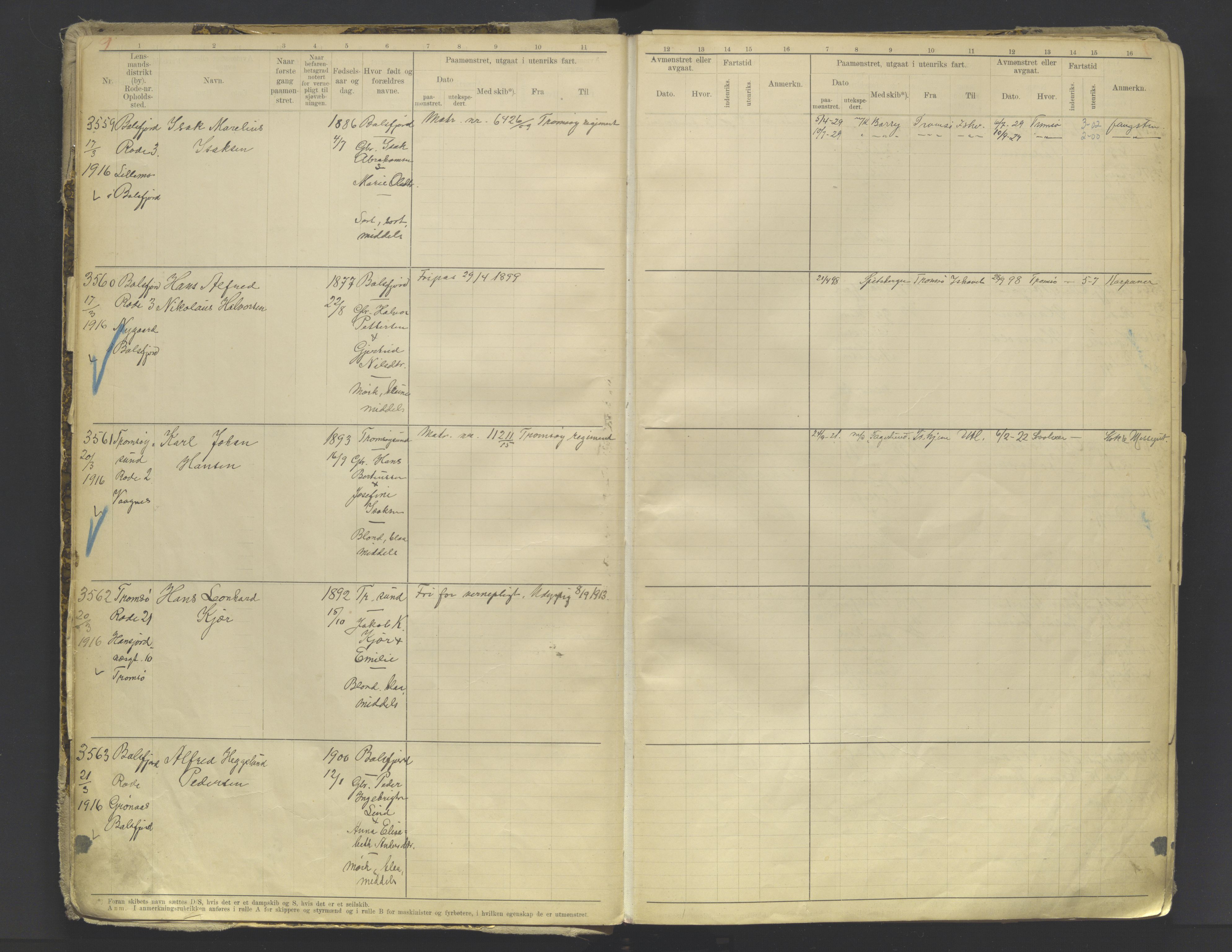 Tromsø sjømannskontor/innrullerings-/mønstringsdistrikt, AV/SATØ-S-0243/F/Fb/L0010: Annotasjonsrulle. Defekt: løs innbinding. Nr. 3519-4972, 1916-1920