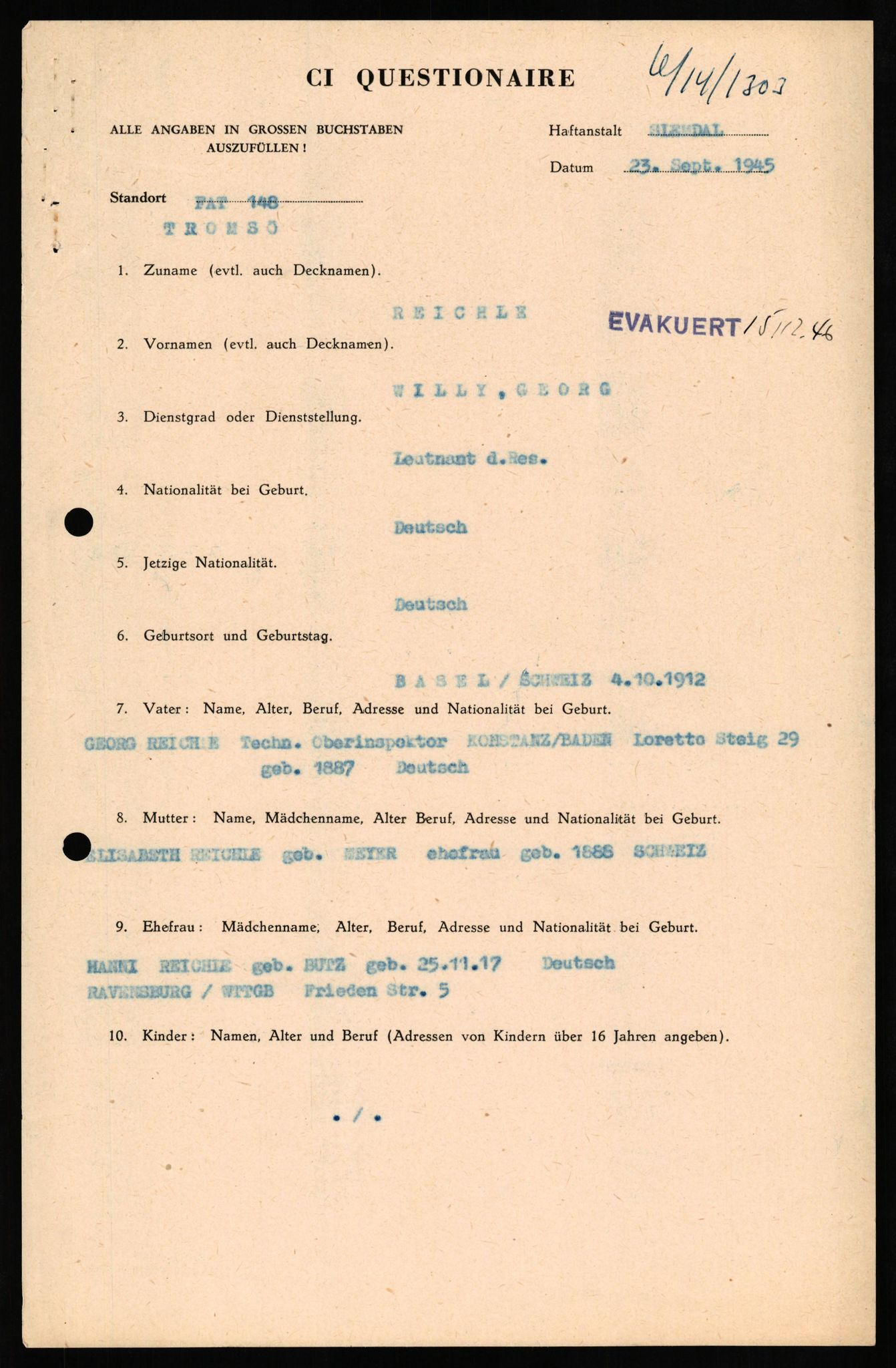 Forsvaret, Forsvarets overkommando II, AV/RA-RAFA-3915/D/Db/L0027: CI Questionaires. Tyske okkupasjonsstyrker i Norge. Tyskere., 1945-1946, p. 124