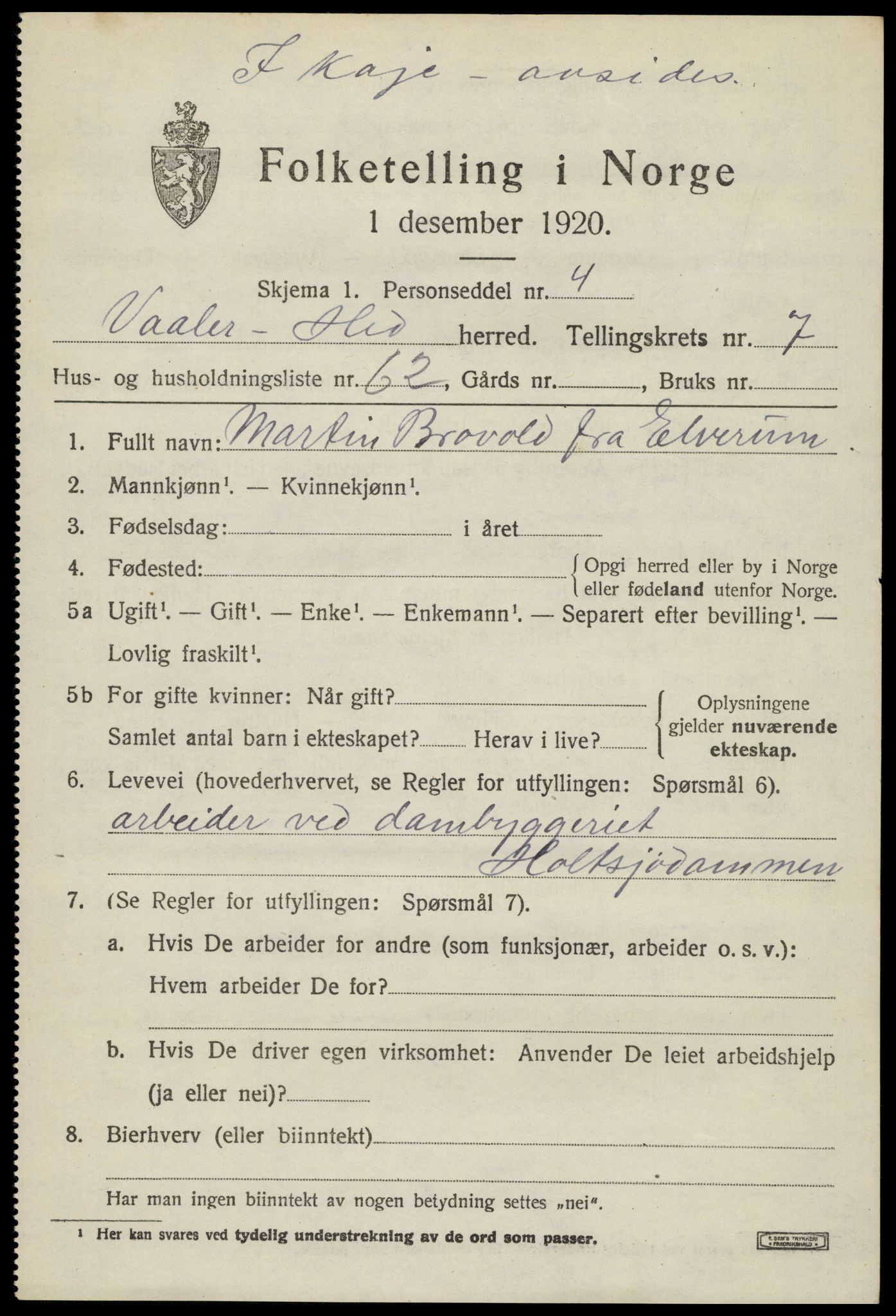 SAH, 1920 census for Våler (Hedmark), 1920, p. 8243