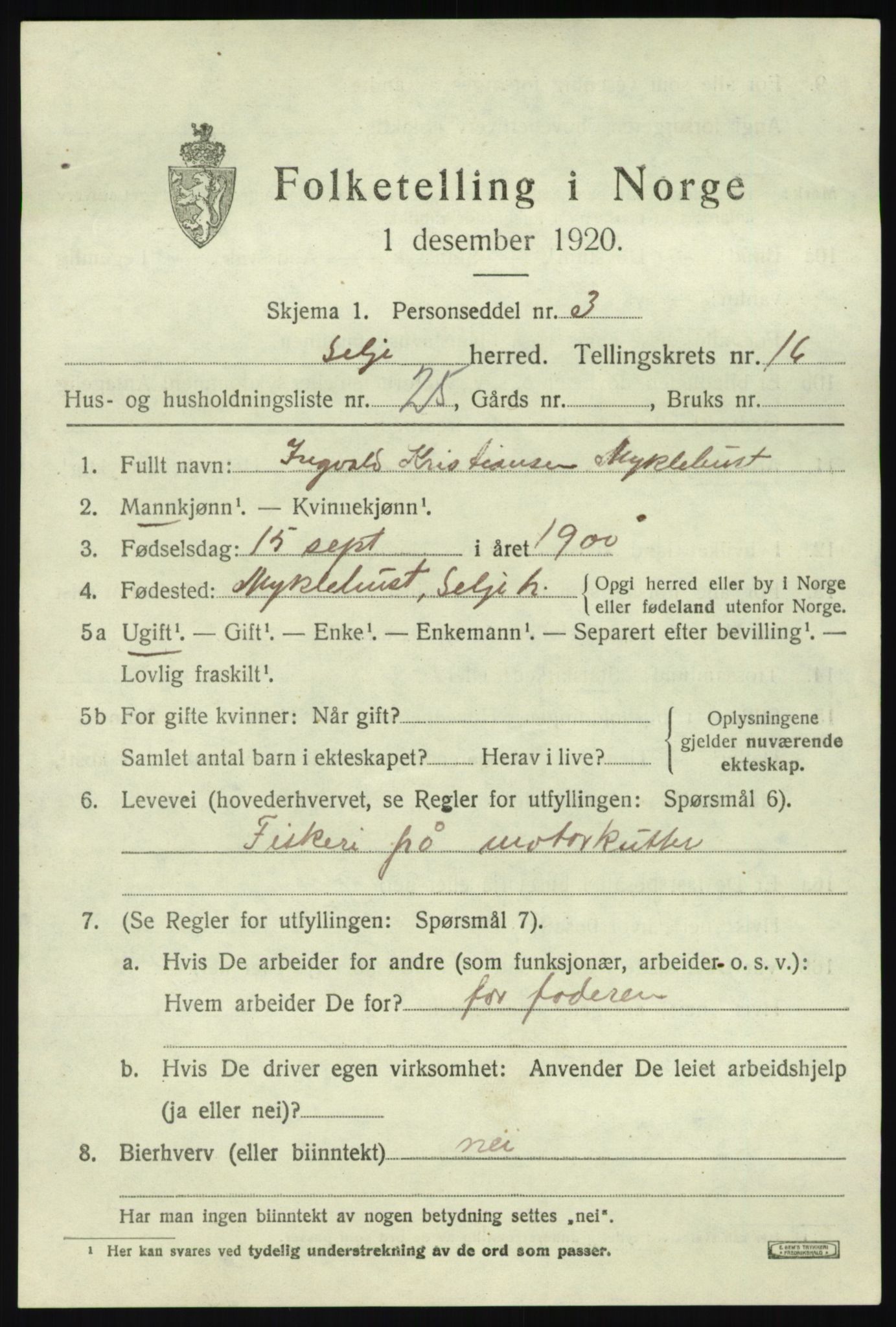 SAB, 1920 census for Selje, 1920, p. 7505