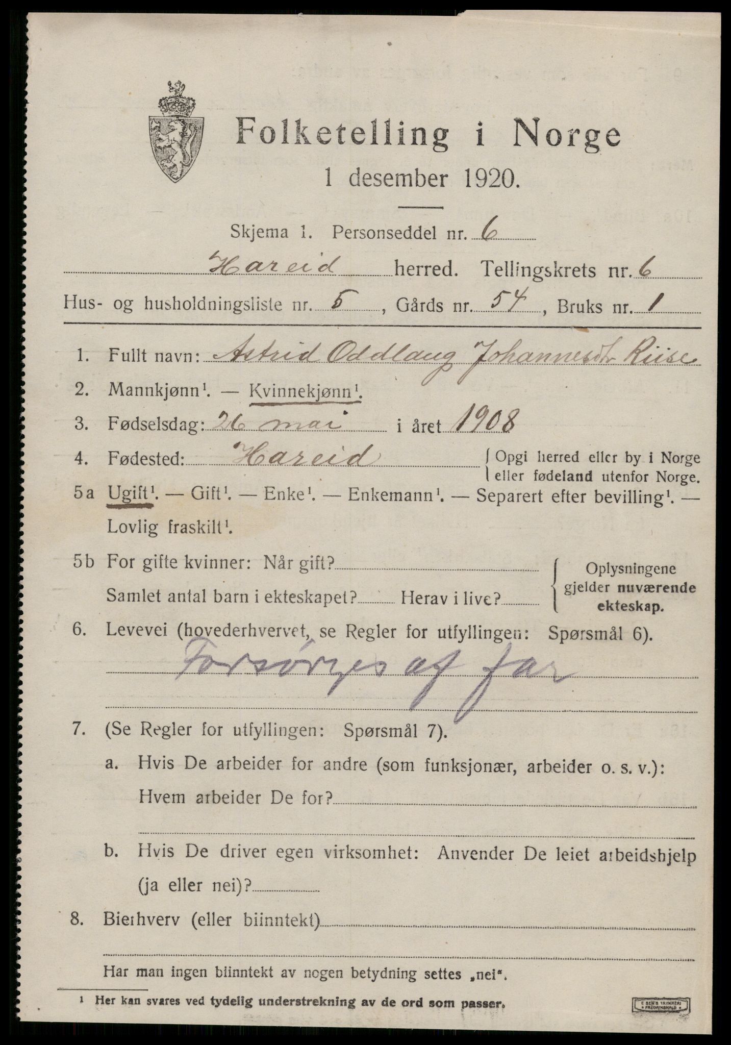 SAT, 1920 census for Hareid, 1920, p. 2223