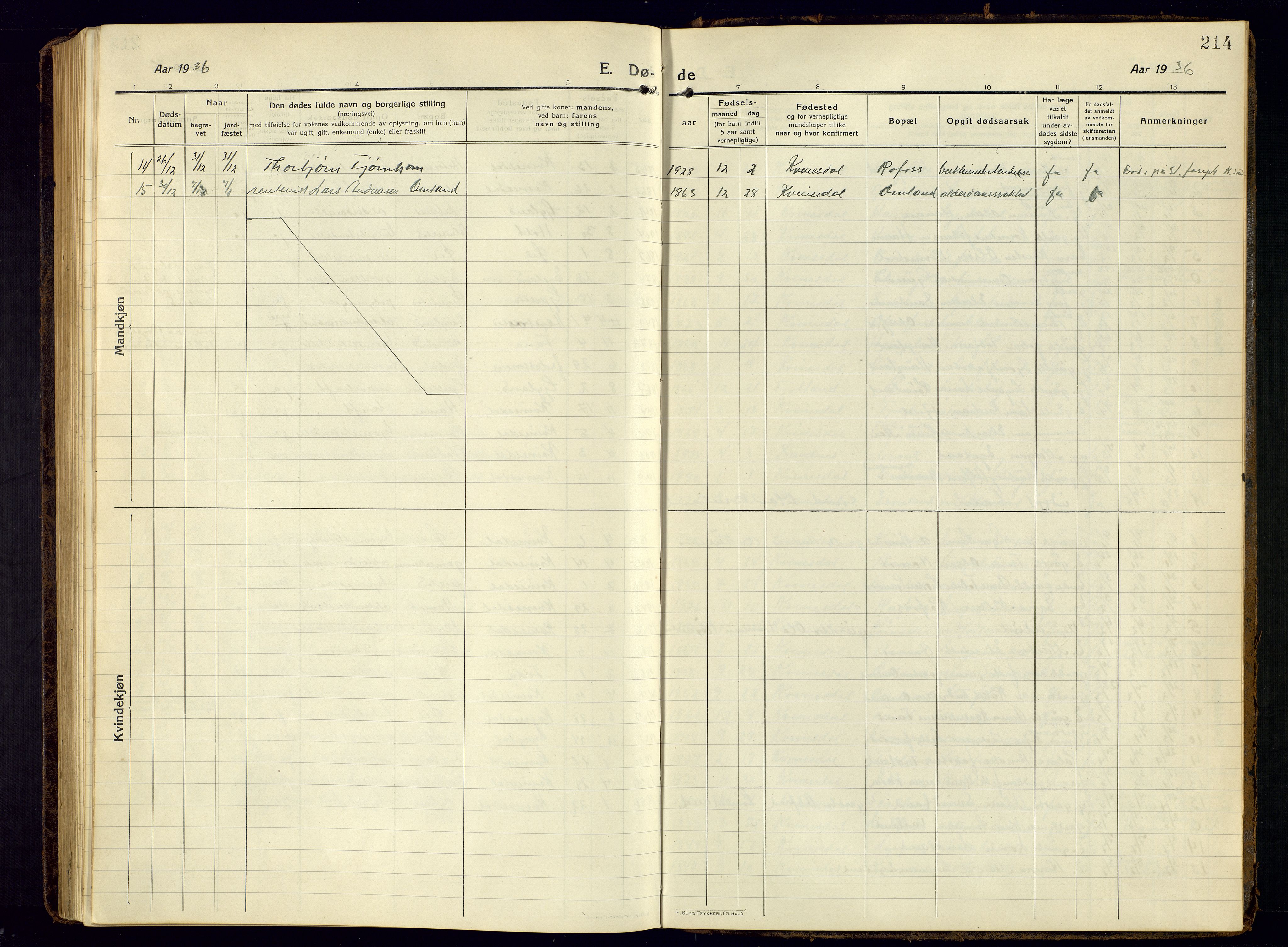 Kvinesdal sokneprestkontor, AV/SAK-1111-0026/F/Fb/Fbb/L0004: Parish register (copy) no. B 4, 1917-1938, p. 214