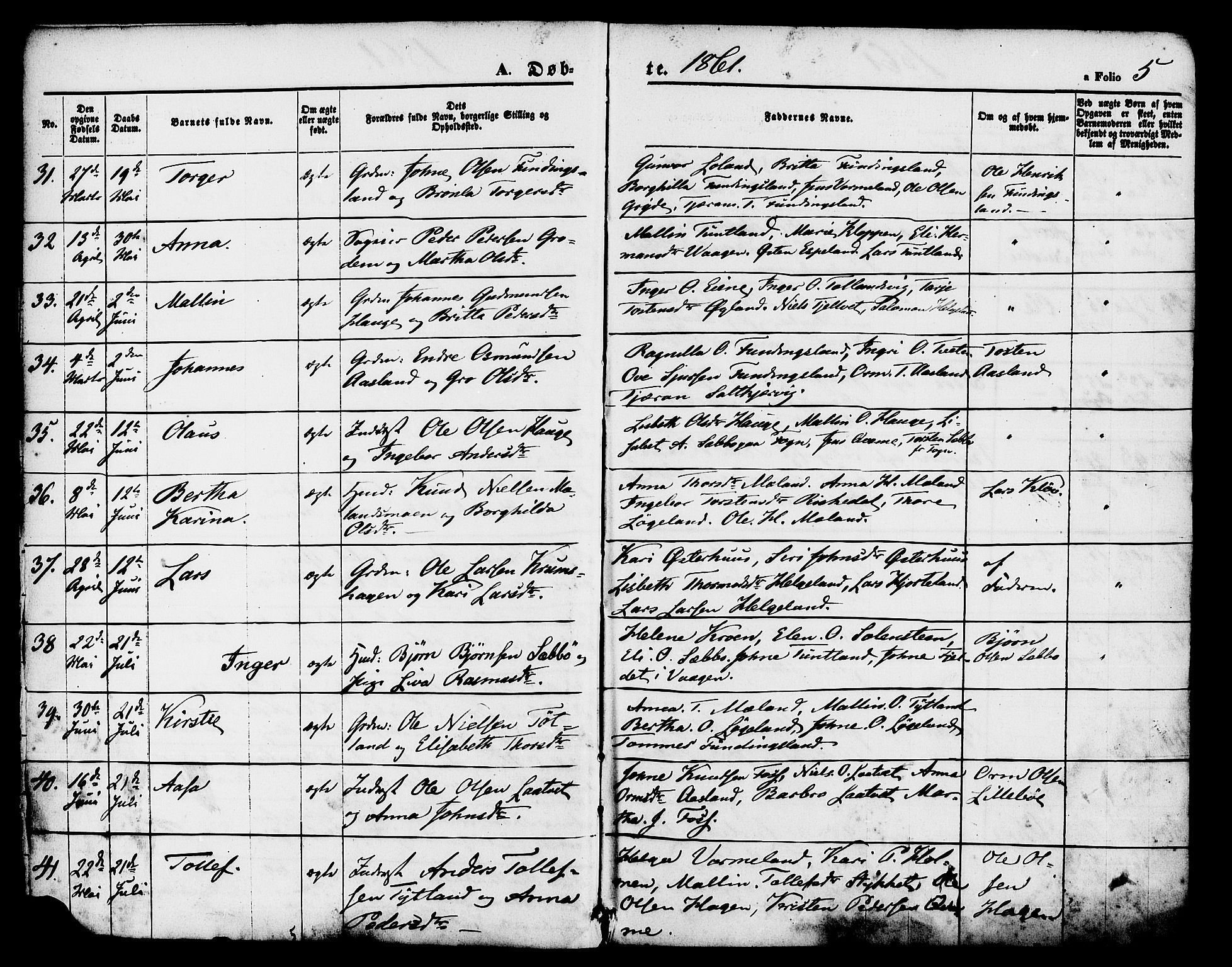 Hjelmeland sokneprestkontor, AV/SAST-A-101843/01/IV/L0011: Parish register (official) no. A 11, 1861-1878, p. 5