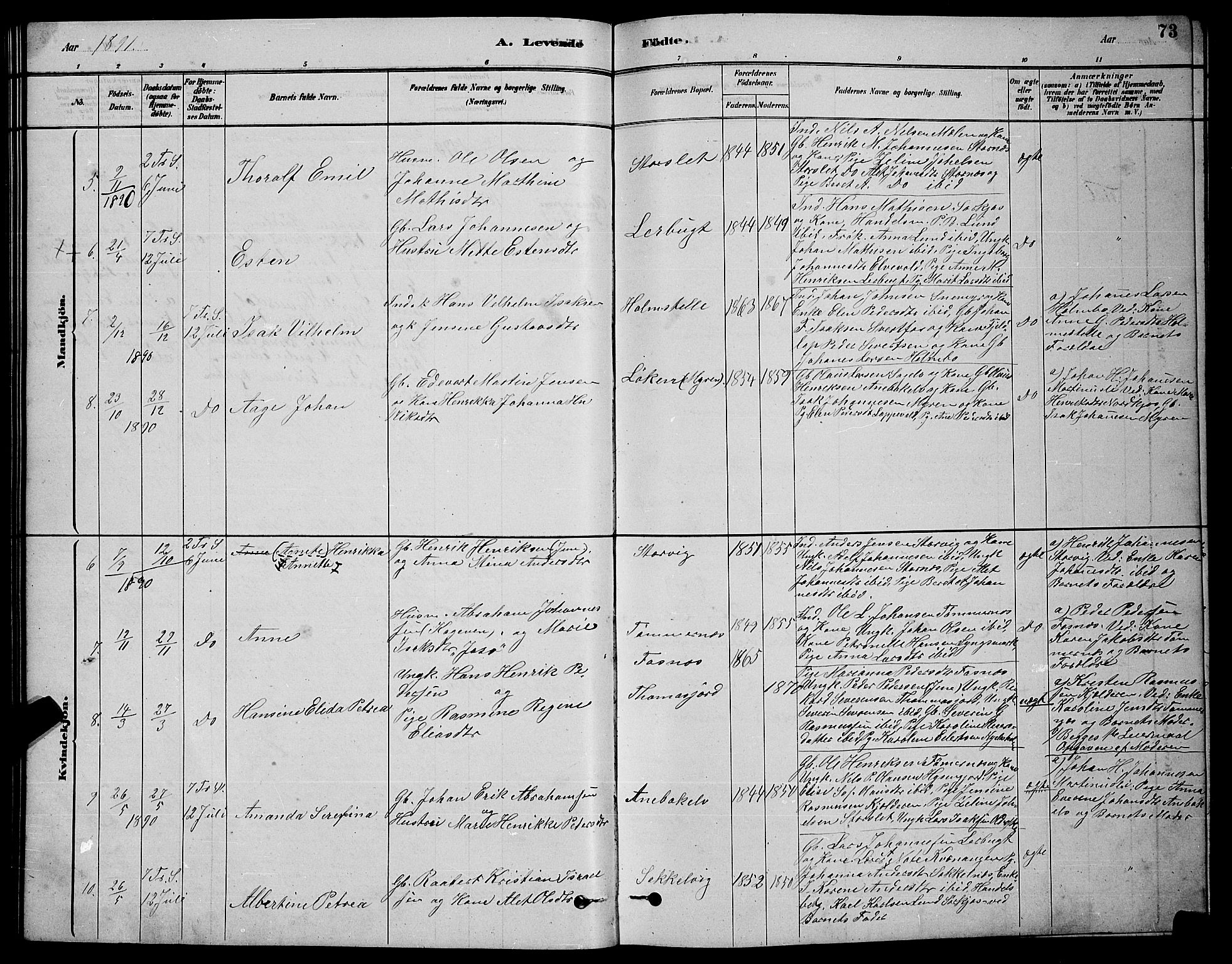 Skjervøy sokneprestkontor, AV/SATØ-S-1300/H/Ha/Hab/L0020klokker: Parish register (copy) no. 20, 1878-1892, p. 73