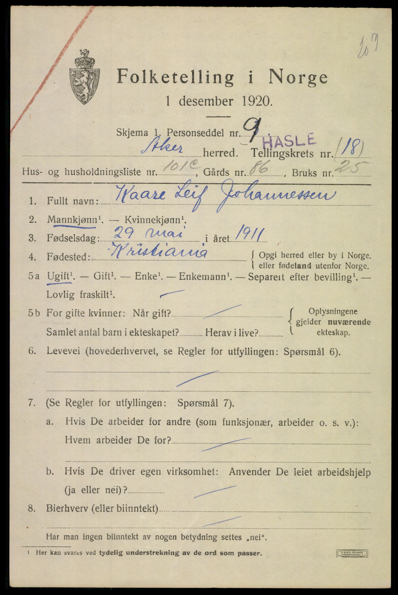 SAO, 1920 census for Aker, 1920, p. 112696