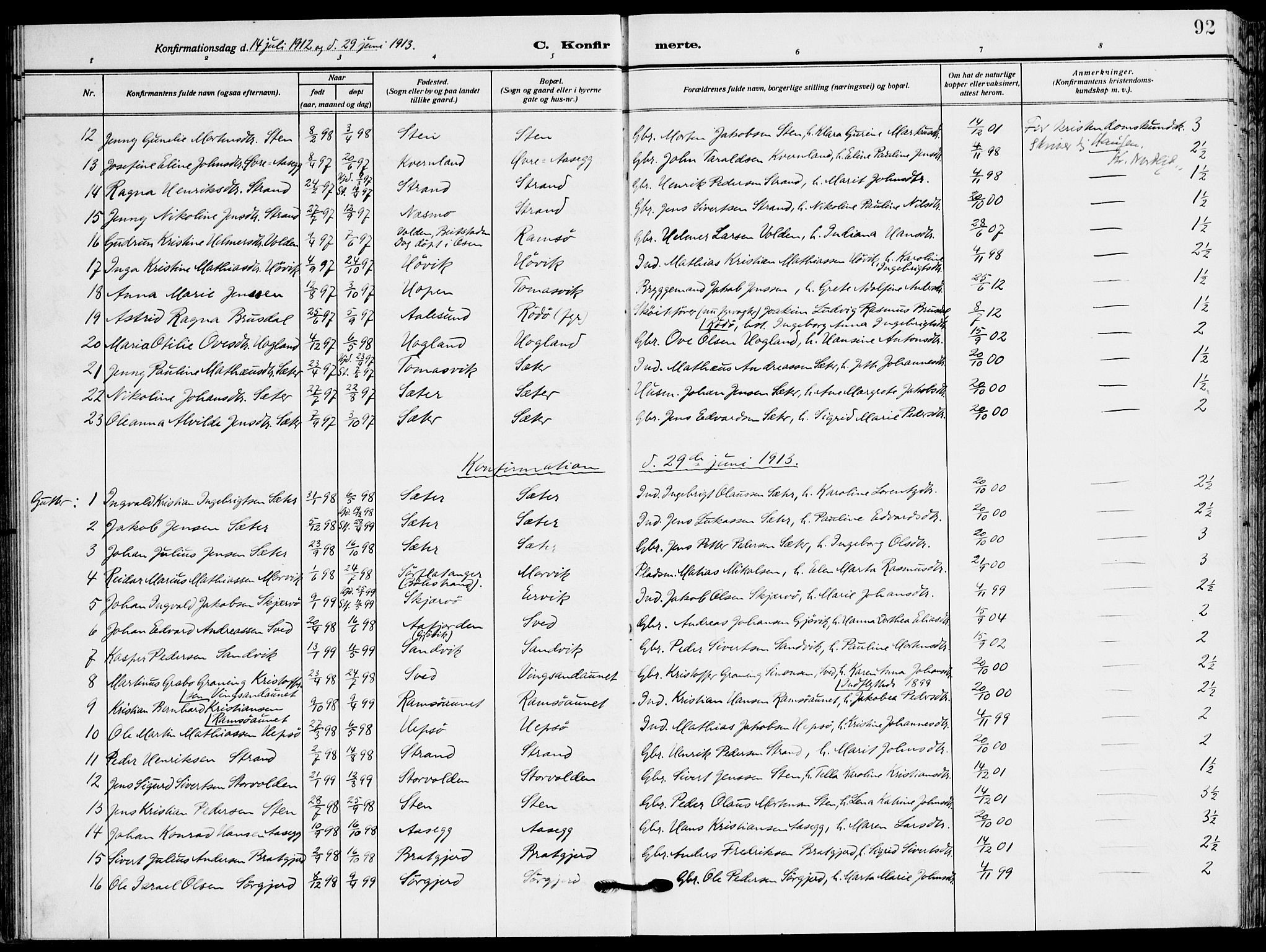 Ministerialprotokoller, klokkerbøker og fødselsregistre - Sør-Trøndelag, SAT/A-1456/658/L0724: Parish register (official) no. 658A03, 1912-1924, p. 92