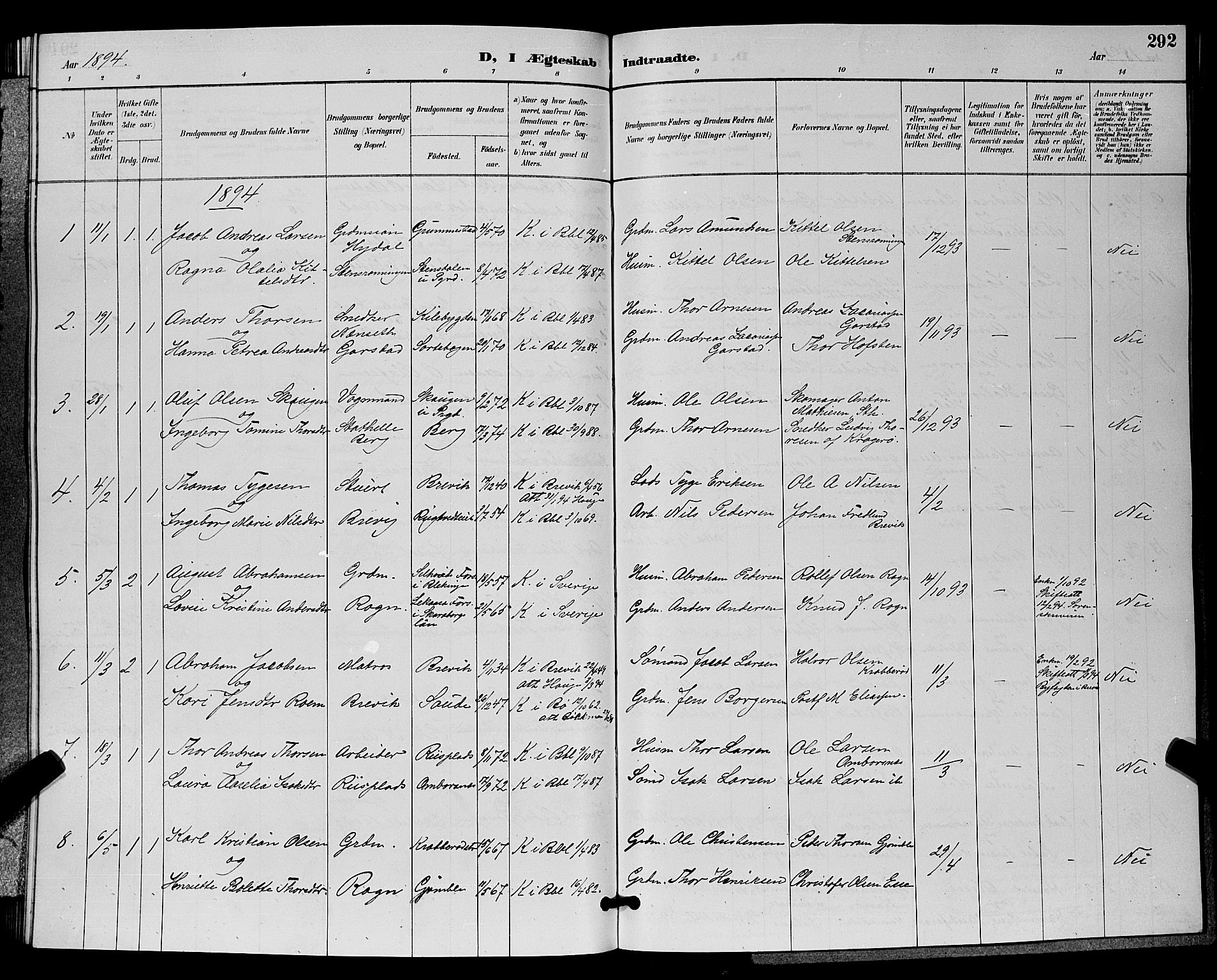 Bamble kirkebøker, AV/SAKO-A-253/G/Ga/L0009: Parish register (copy) no. I 9, 1888-1900, p. 292
