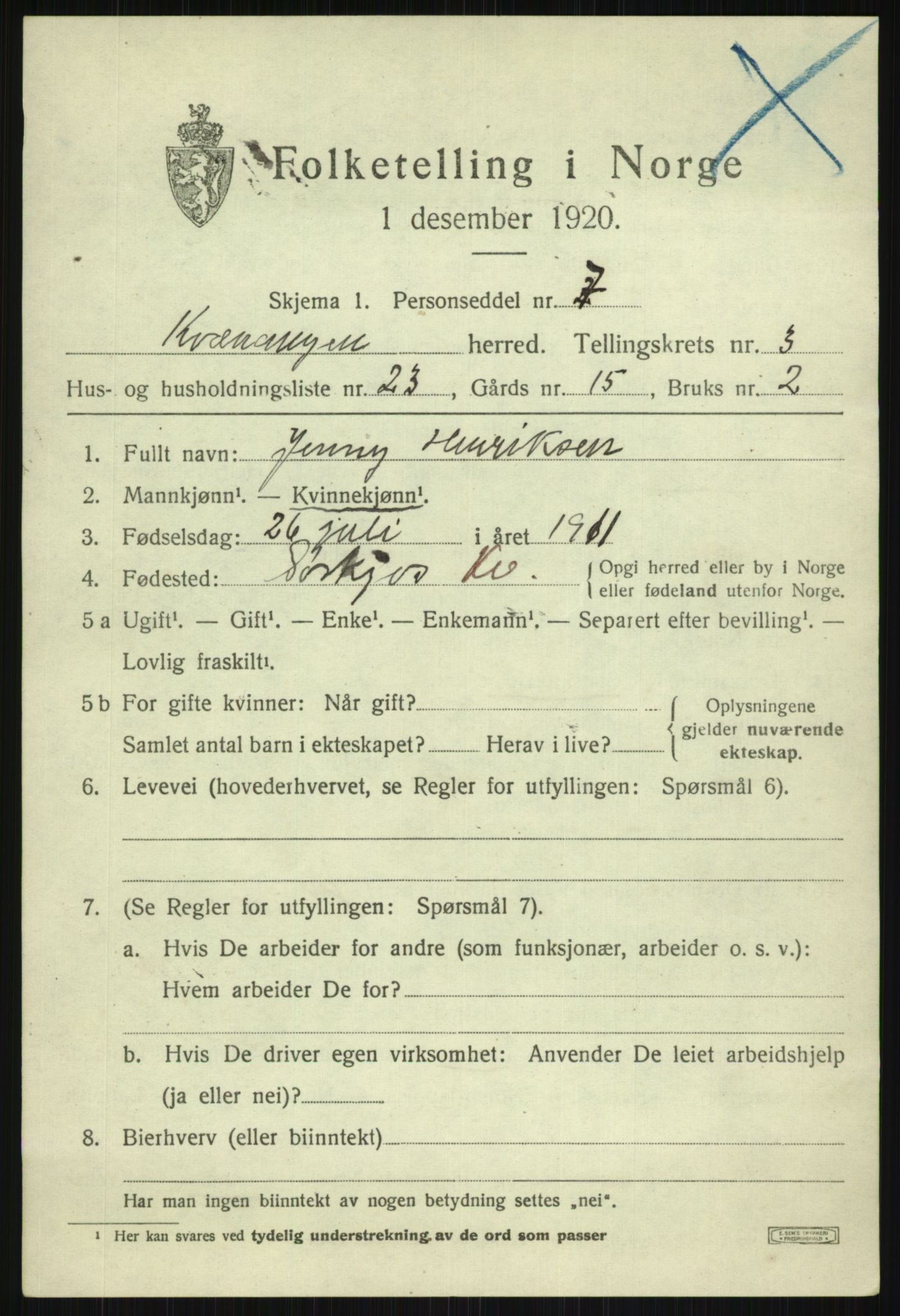 SATØ, 1920 census for Kvænangen, 1920, p. 2016