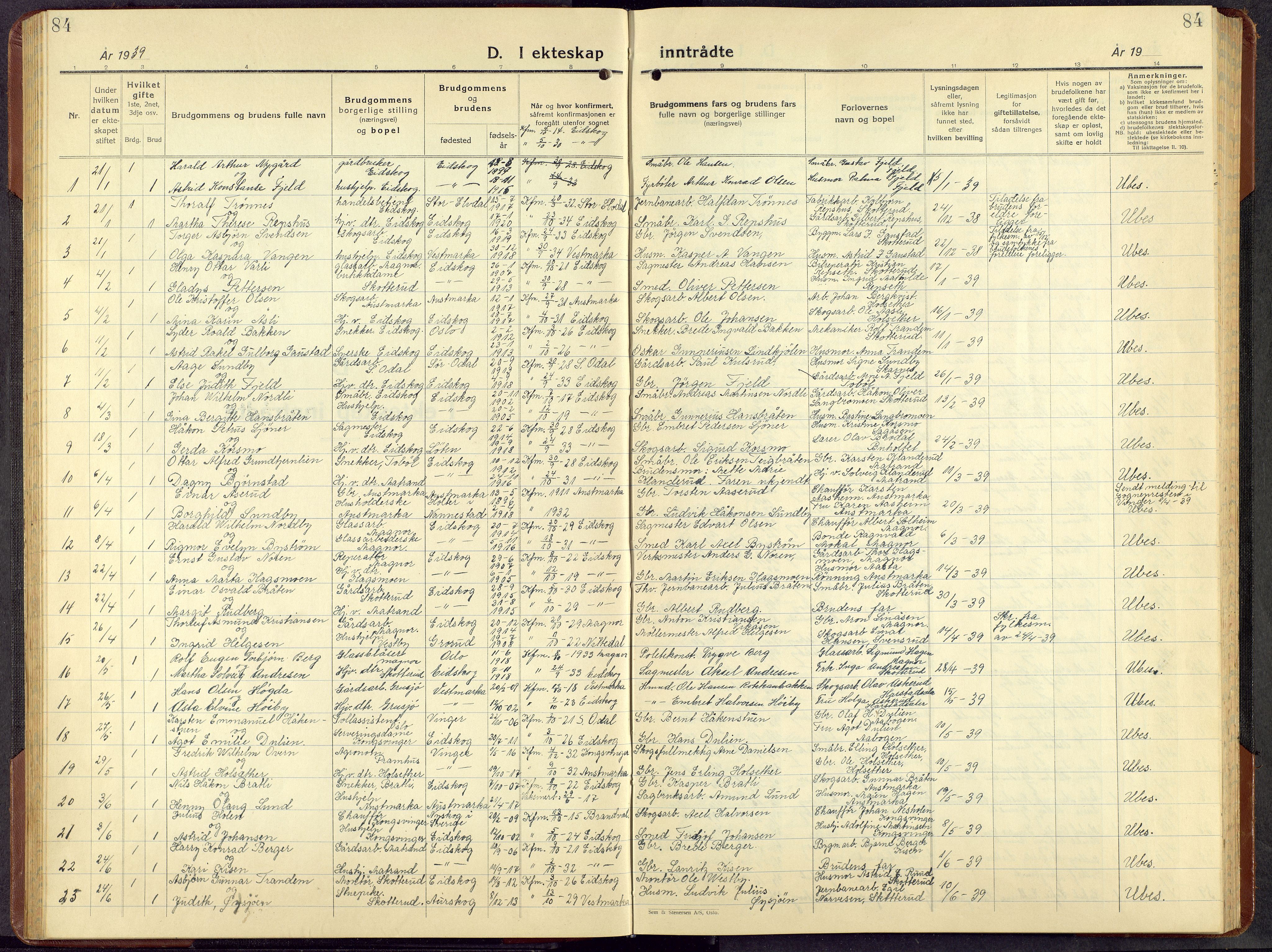 Eidskog prestekontor, AV/SAH-PREST-026/H/Ha/Hab/L0008: Parish register (copy) no. 8, 1938-1959, p. 84