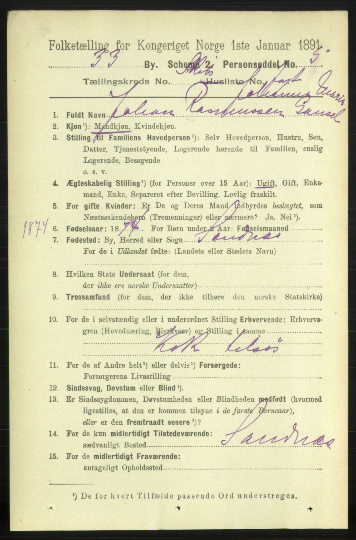 RA, 1891 census for 0903 Arendal, 1891, p. 5773