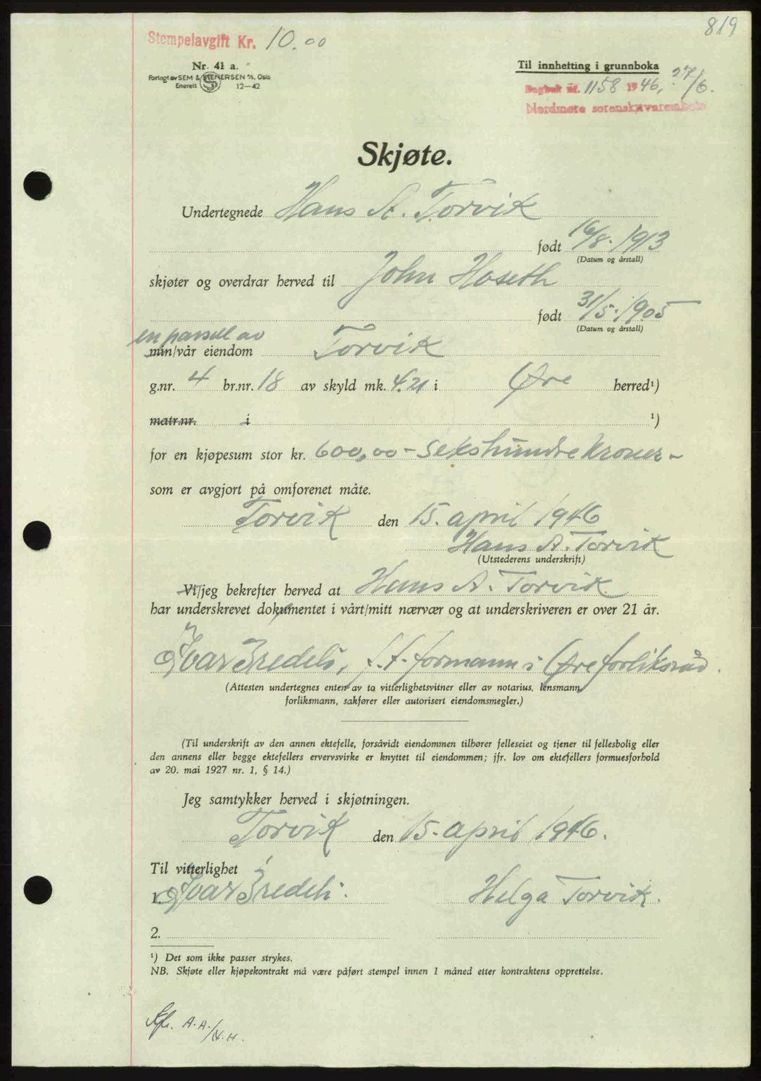 Nordmøre sorenskriveri, AV/SAT-A-4132/1/2/2Ca: Mortgage book no. A101, 1946-1946, Diary no: : 1158/1946