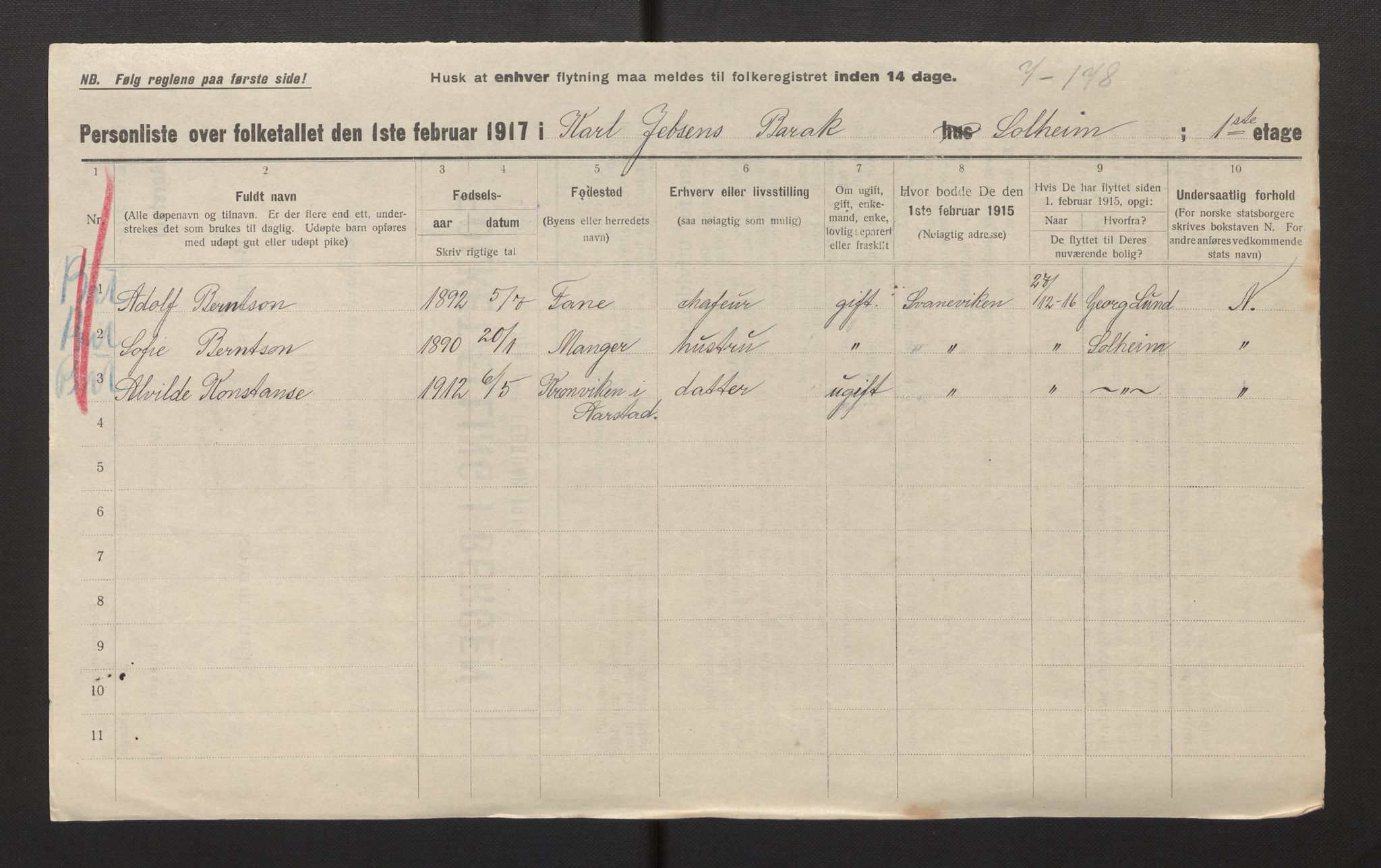 SAB, Municipal Census 1917 for Bergen, 1917, p. 49496