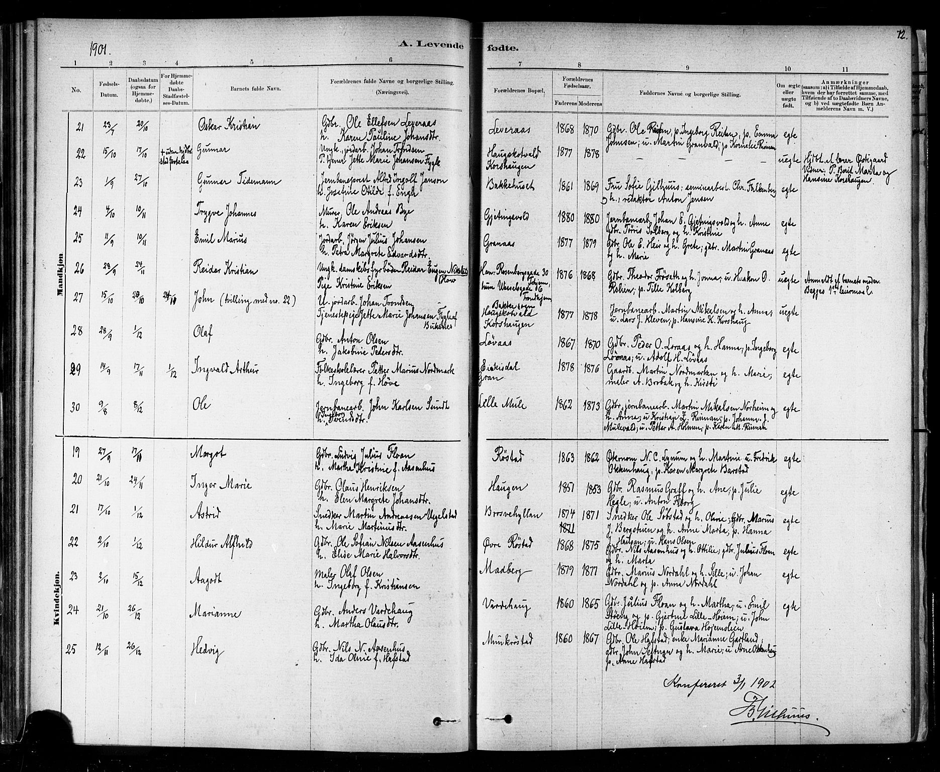 Ministerialprotokoller, klokkerbøker og fødselsregistre - Nord-Trøndelag, SAT/A-1458/721/L0208: Parish register (copy) no. 721C01, 1880-1917, p. 72