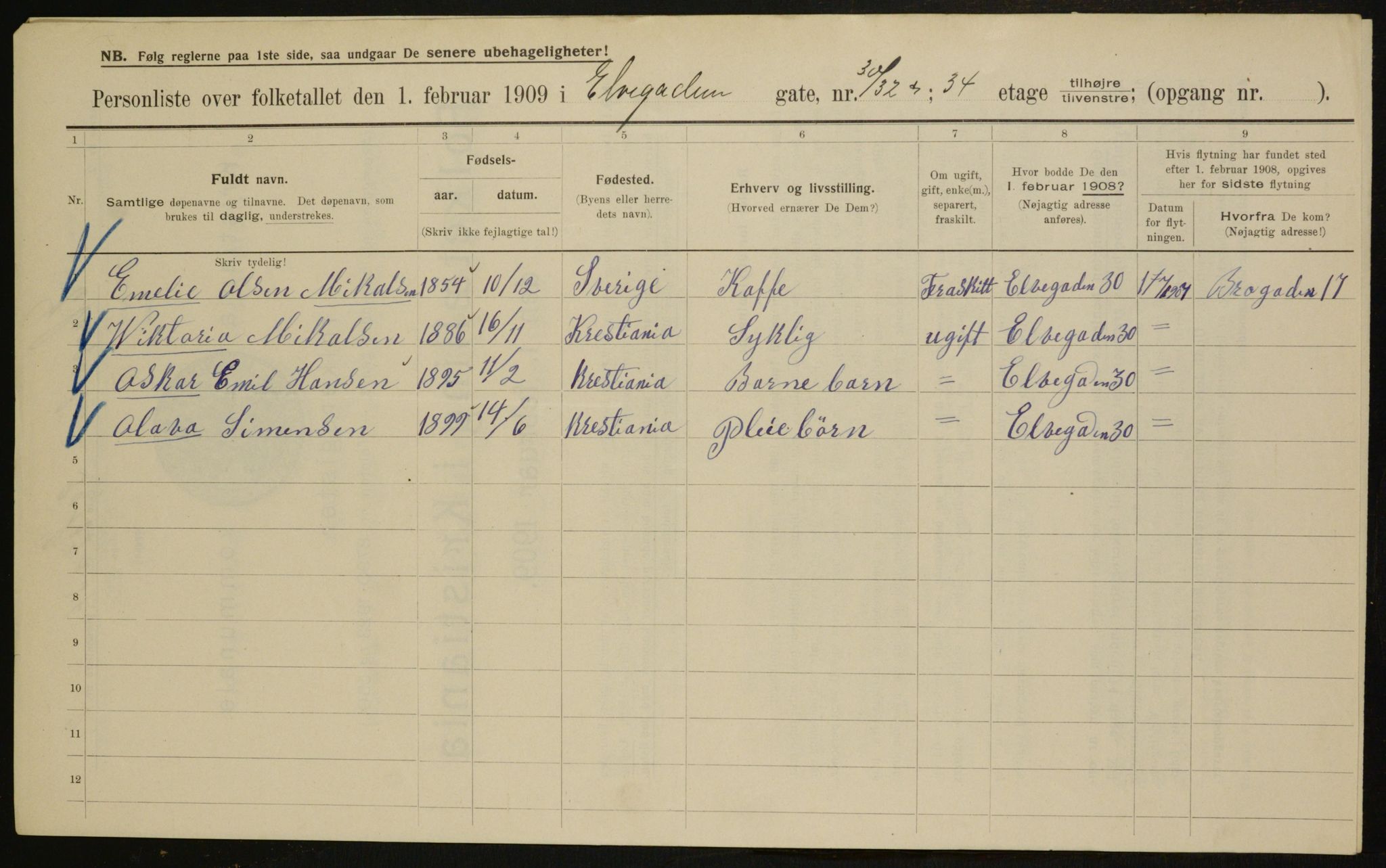 OBA, Municipal Census 1909 for Kristiania, 1909, p. 18916